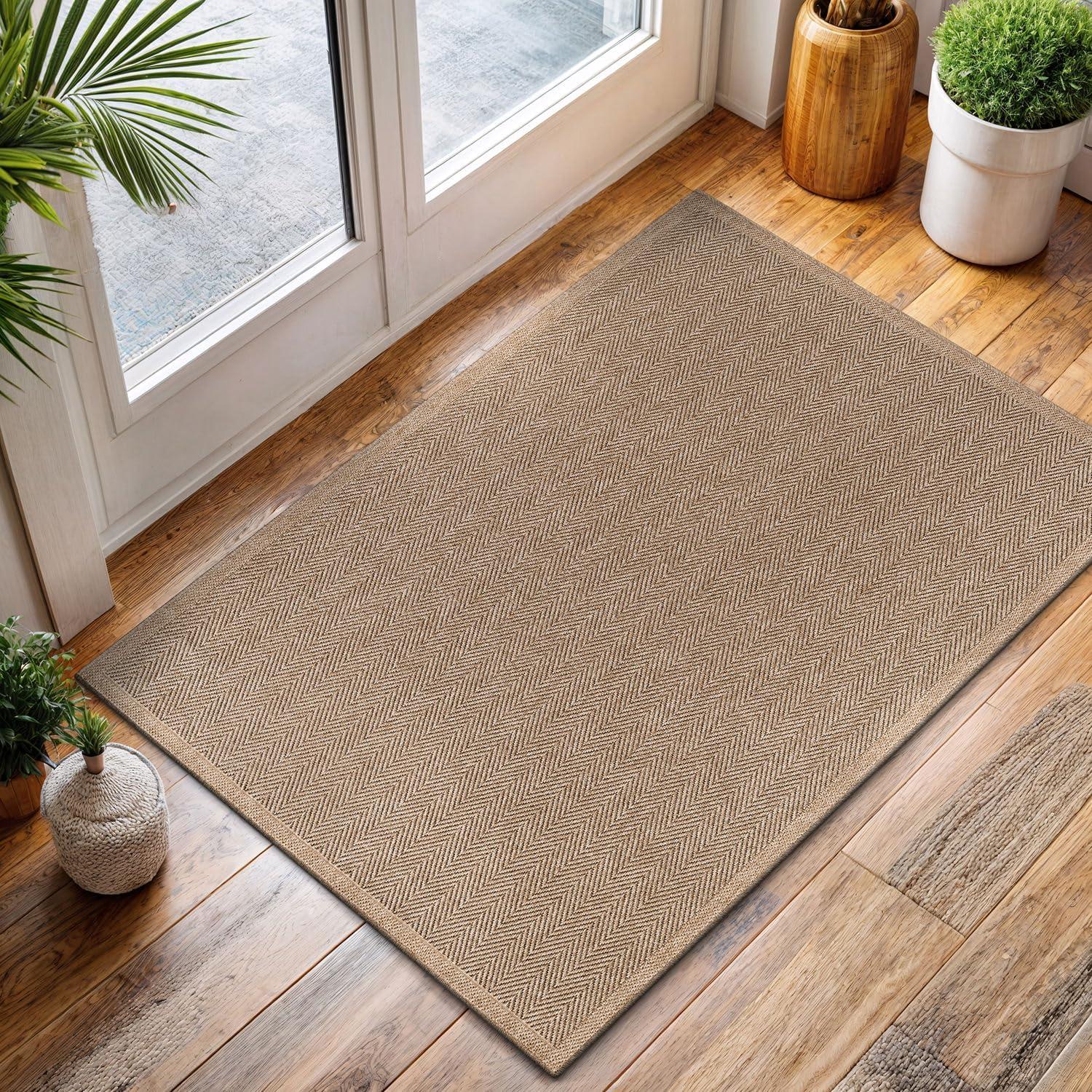 image:imageCAMILSON Easy Jute Rug 5x7 Indoor Outdoor Natural Color Fiber Area Rugs for Living Room Patio and Kitchen Rug Herringbone Seagrass Woven Design EasyCleaning Washable Outside Carpet Alfombras 5 x 7HerringboneNatural