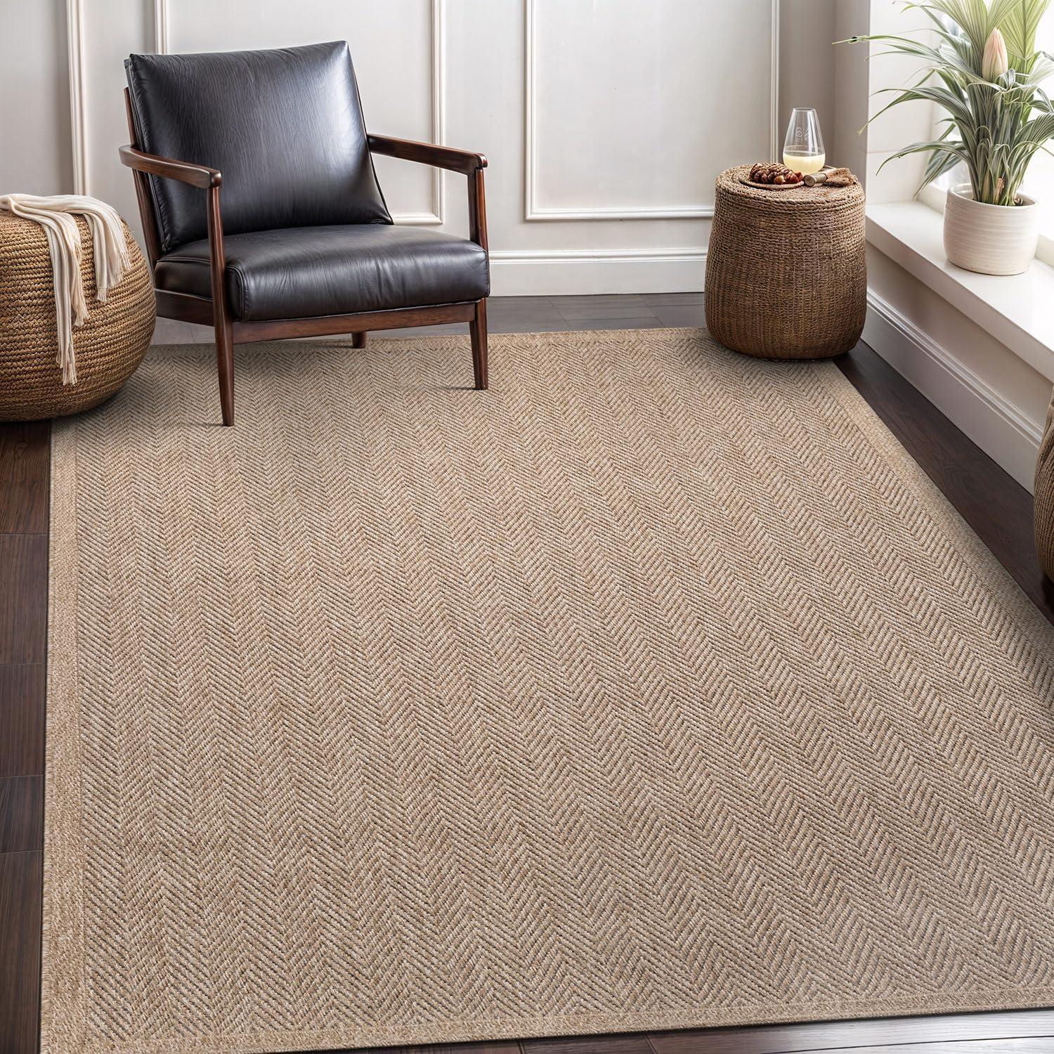 image:imageCAMILSON Easy Jute Rug 5x7 Indoor Outdoor Natural Color Fiber Area Rugs for Living Room Patio and Kitchen Rug Herringbone Seagrass Woven Design EasyCleaning Washable Outside Carpet Alfombras 5 x 7HerringboneNatural