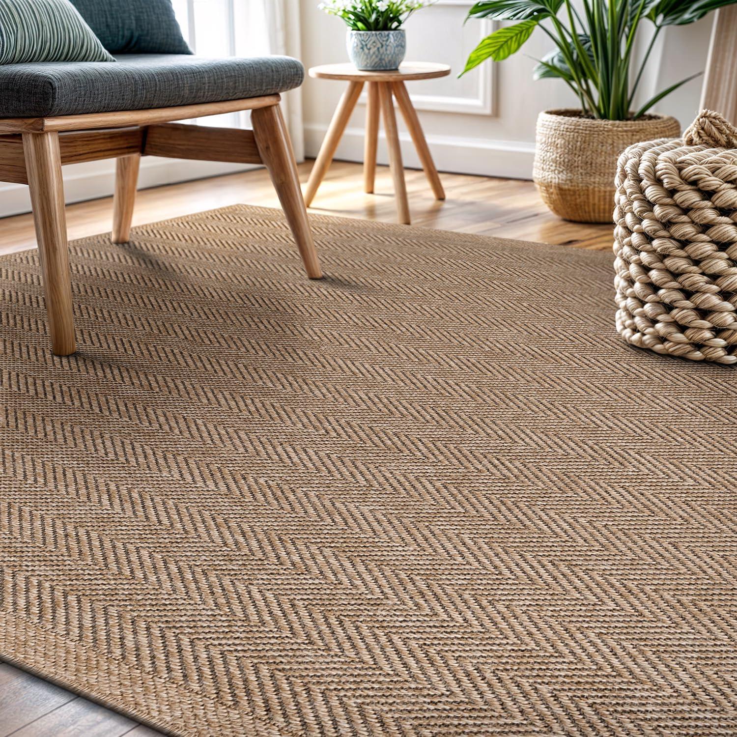 image:imageCAMILSON Easy Jute Rug 5x7 Indoor Outdoor Natural Color Fiber Area Rugs for Living Room Patio and Kitchen Rug Herringbone Seagrass Woven Design EasyCleaning Washable Outside Carpet Alfombras 5 x 7HerringboneNatural