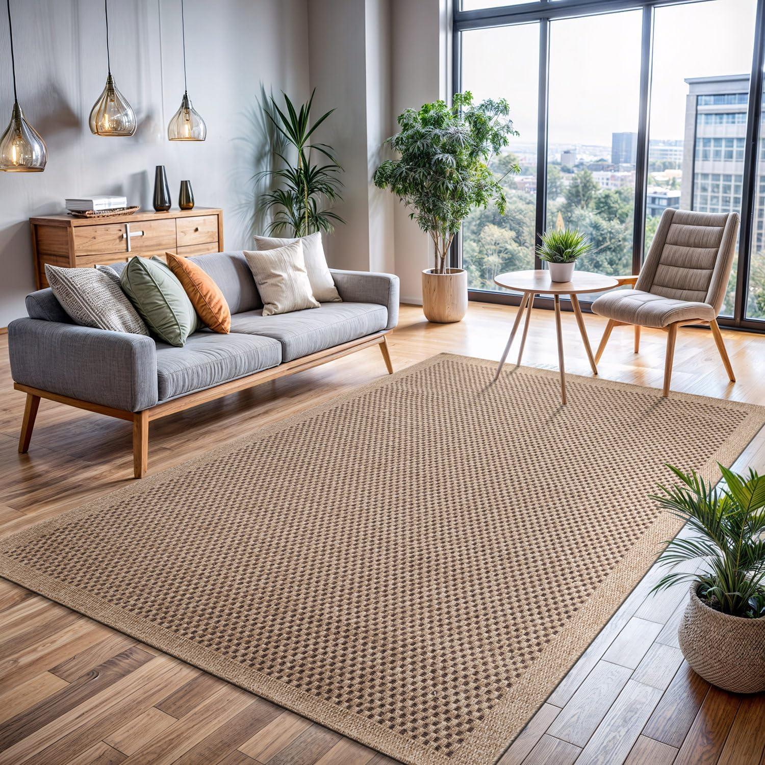 image:imageCAMILSON Easy Jute Rug 5x7 Indoor Outdoor Natural Color Fiber Area Rugs for Living Room Patio and Kitchen Rug Herringbone Seagrass Woven Design EasyCleaning Washable Outside Carpet Alfombras 5 x 7CheckeredNatural