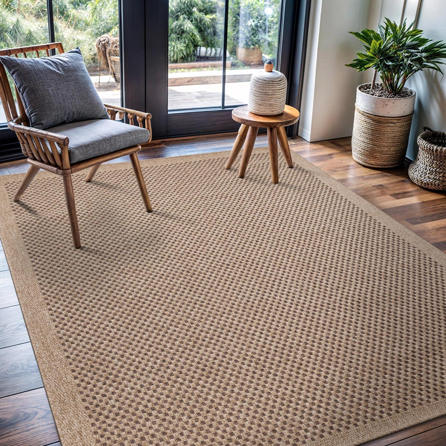 image:imageCAMILSON Easy Jute Rug 5x7 Indoor Outdoor Natural Color Fiber Area Rugs for Living Room Patio and Kitchen Rug Herringbone Seagrass Woven Design EasyCleaning Washable Outside Carpet Alfombras 5 x 7CheckeredNatural