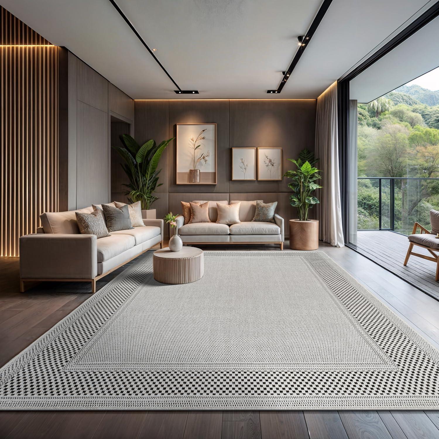 image:imageCAMILSON Easy Jute Rug 5x7 Indoor Outdoor Natural Color Fiber Area Rugs for Living Room Patio and Kitchen Rug Herringbone Seagrass Woven Design EasyCleaning Washable Outside Carpet Alfombras 5 x 7BorderedBoneblack