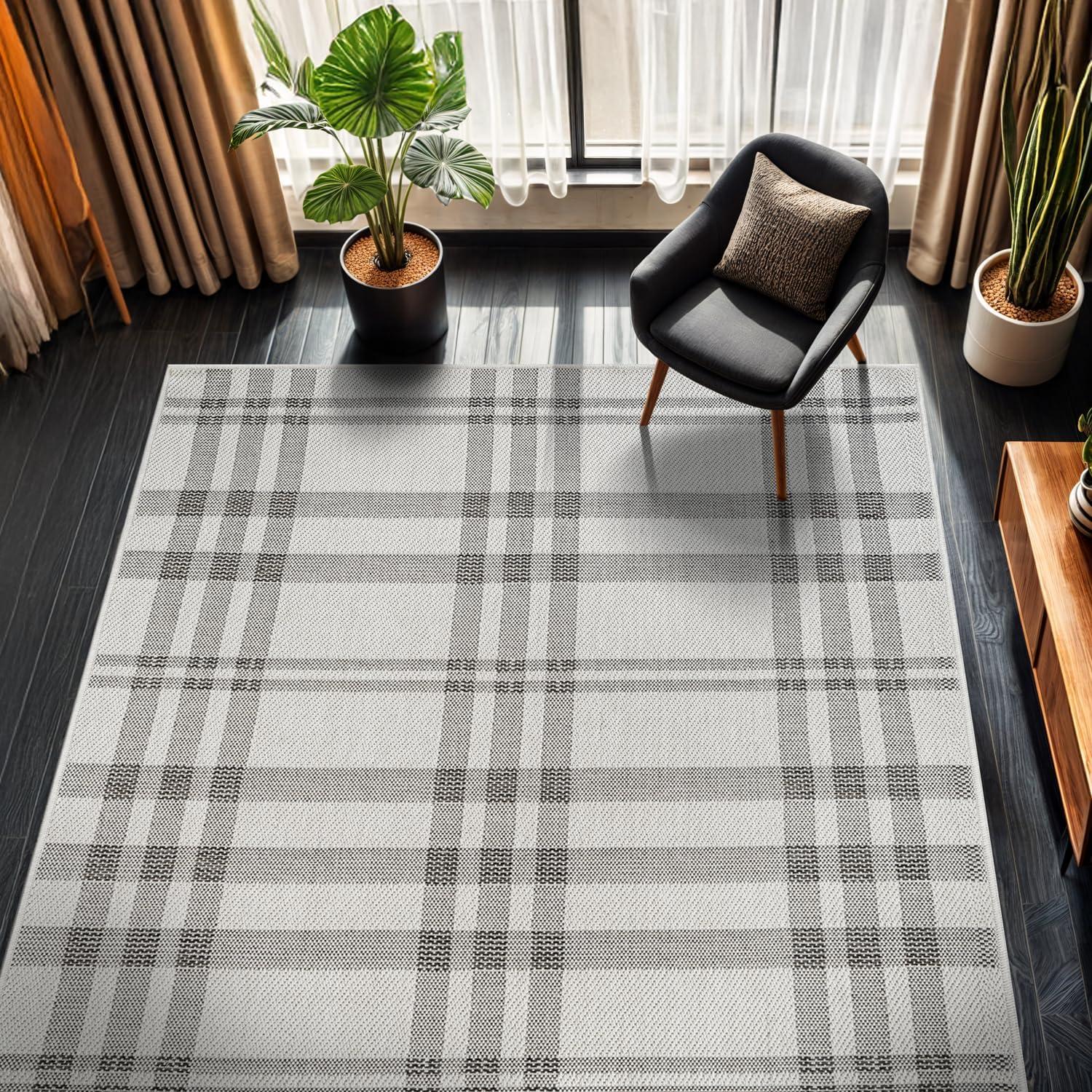 image:imageCAMILSON Easy Jute Rug 5x7 Indoor Outdoor Natural Color Fiber Area Rugs for Living Room Patio and Kitchen Rug Herringbone Seagrass Woven Design EasyCleaning Washable Outside Carpet Alfombras 5 x 7BoxBoneblack