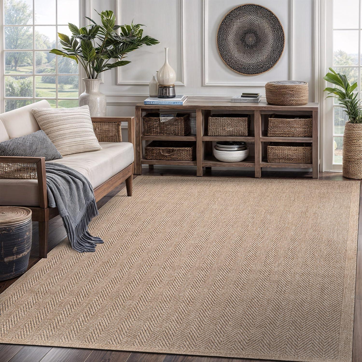 image:imageCAMILSON Easy Jute Rug 5x7 Indoor Outdoor Natural Color Fiber Area Rugs for Living Room Patio and Kitchen Rug Herringbone Seagrass Woven Design EasyCleaning Washable Outside Carpet Alfombras 5 x 7HerringboneNatural