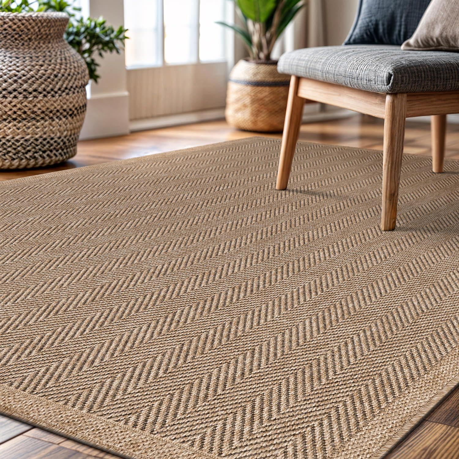 image:imageCAMILSON Easy Jute Rug 5x7 Indoor Outdoor Natural Color Fiber Area Rugs for Living Room Patio and Kitchen Rug Herringbone Seagrass Woven Design EasyCleaning Washable Outside Carpet Alfombras 5 x 7HerringboneNatural
