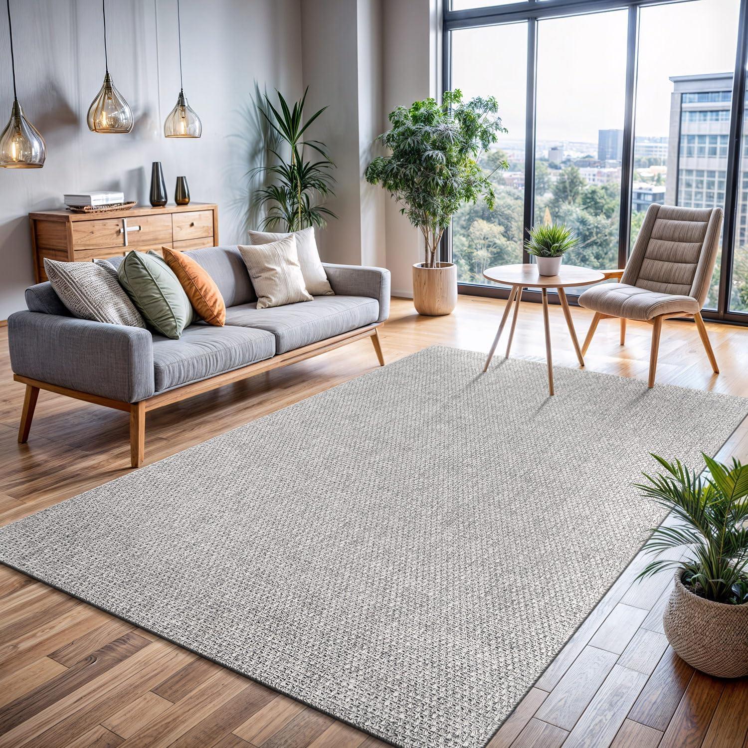 image:imageCAMILSON Easy Jute Rug 5x7 Indoor Outdoor Natural Color Fiber Area Rugs for Living Room Patio and Kitchen Rug Herringbone Seagrass Woven Design EasyCleaning Washable Outside Carpet Alfombras 5 x 7BasketweaveSilver