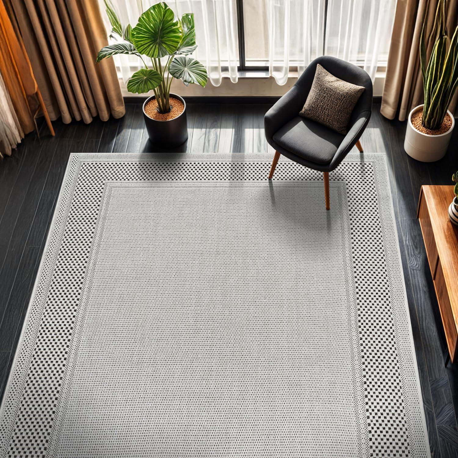 image:imageCAMILSON Easy Jute Rug 5x7 Indoor Outdoor Natural Color Fiber Area Rugs for Living Room Patio and Kitchen Rug Herringbone Seagrass Woven Design EasyCleaning Washable Outside Carpet Alfombras 5 x 7BorderedBoneblack