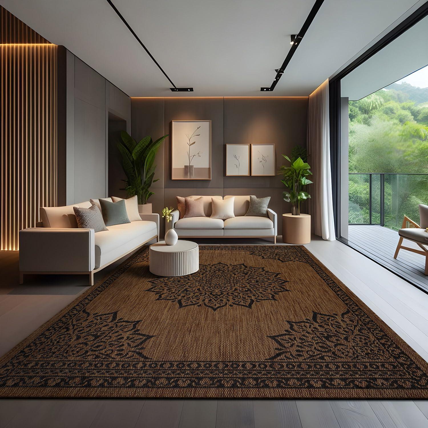 image:imageCAMILSON Indoor Outdoor Rug 5x7 Bordered Gray Modern Area Rugs for Indoor and Outdoor Patios Kitchen and Hallway Mats Washable Porch Deck Outside Carpet Bordered Grey 5 x 7Medallion Nut Brown
