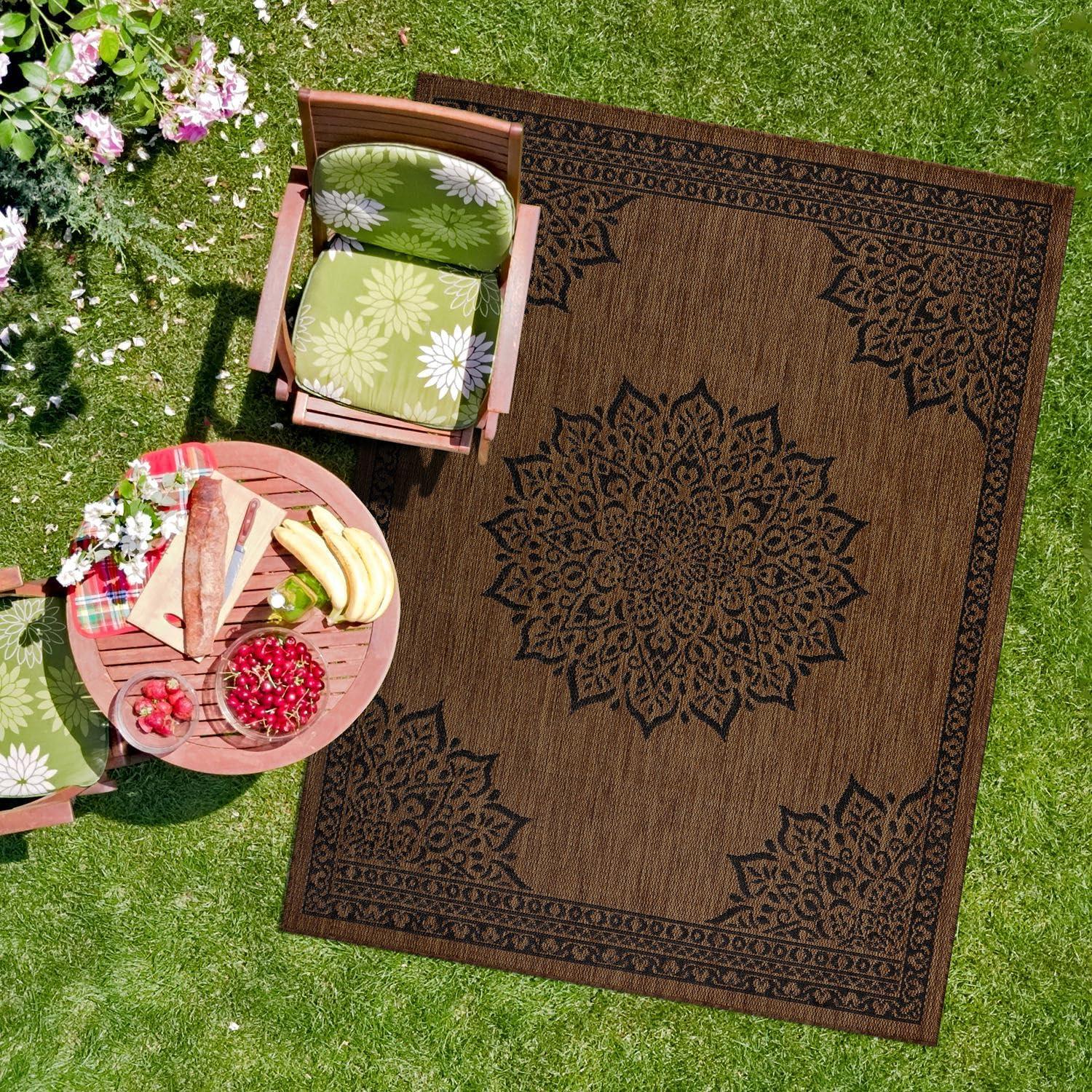 image:imageCAMILSON Indoor Outdoor Rug 5x7 Bordered Gray Modern Area Rugs for Indoor and Outdoor Patios Kitchen and Hallway Mats Washable Porch Deck Outside Carpet Bordered Grey 5 x 7Medallion Nut Brown