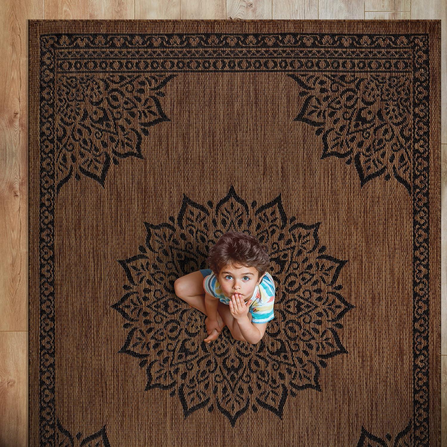 image:imageCAMILSON Indoor Outdoor Rug 5x7 Bordered Gray Modern Area Rugs for Indoor and Outdoor Patios Kitchen and Hallway Mats Washable Porch Deck Outside Carpet Bordered Grey 5 x 7Medallion Nut Brown