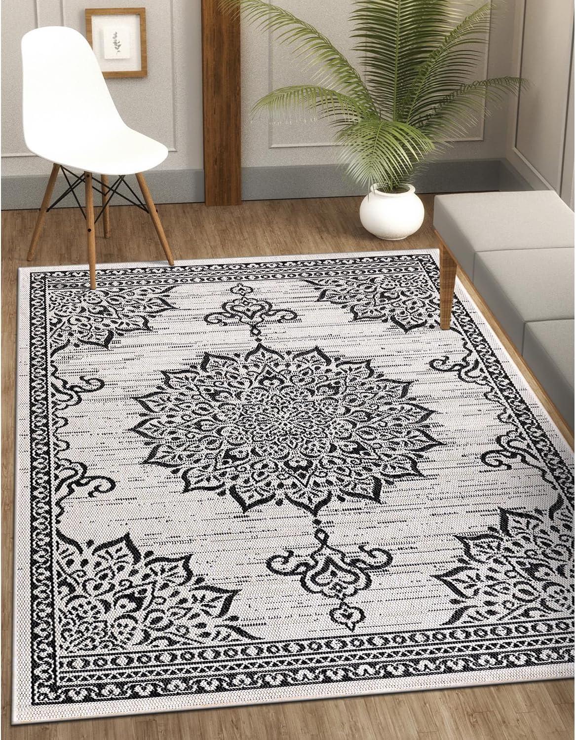 image:imageCAMILSON Indoor Outdoor Rug 5x7 Bordered Gray Modern Area Rugs for Indoor and Outdoor Patios Kitchen and Hallway Mats Washable Porch Deck Outside Carpet Bordered Grey 5 x 7Medallion White