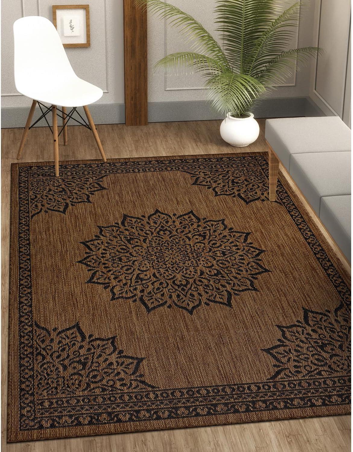 image:imageCAMILSON Indoor Outdoor Rug 5x7 Bordered Gray Modern Area Rugs for Indoor and Outdoor Patios Kitchen and Hallway Mats Washable Porch Deck Outside Carpet Bordered Grey 5 x 7Medallion Nut Brown