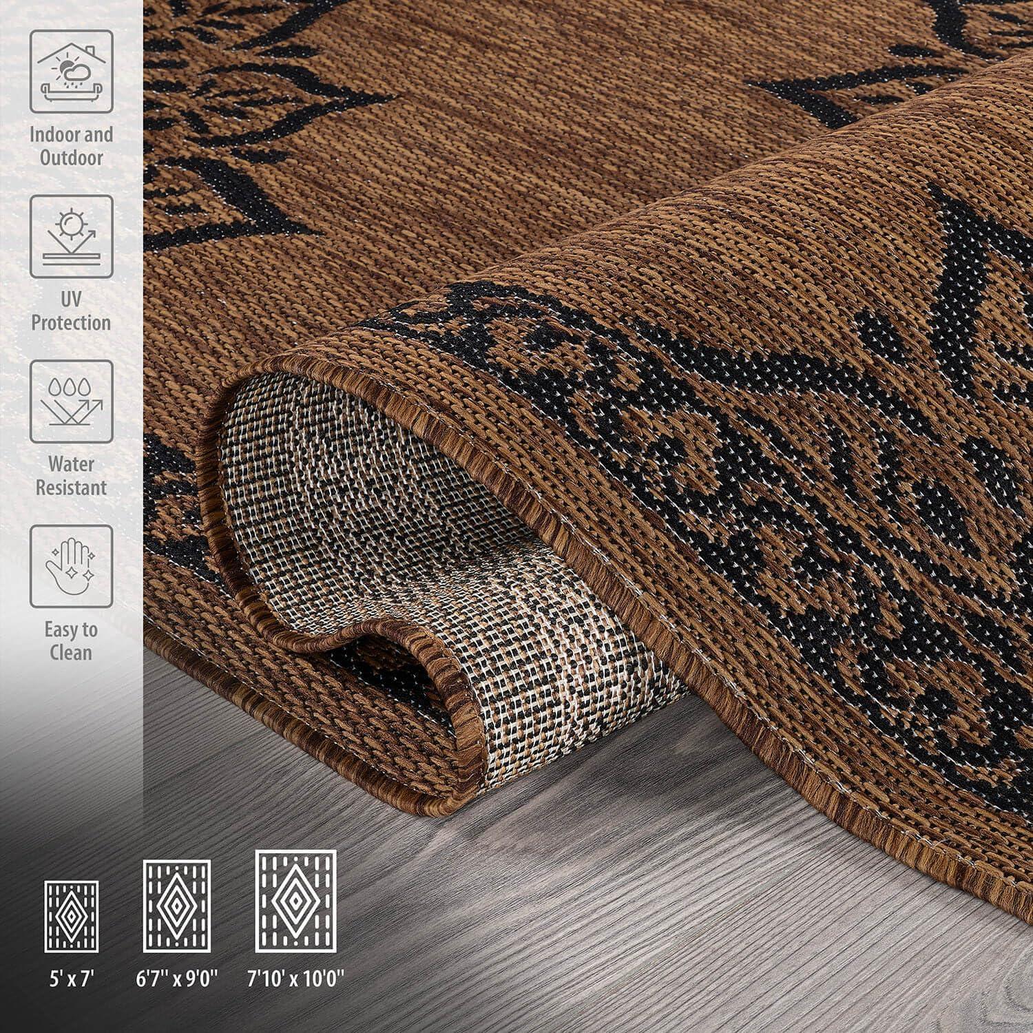 image:imageCAMILSON Indoor Outdoor Rug 5x7 Bordered Gray Modern Area Rugs for Indoor and Outdoor Patios Kitchen and Hallway Mats Washable Porch Deck Outside Carpet Bordered Grey 5 x 7Medallion Nut Brown