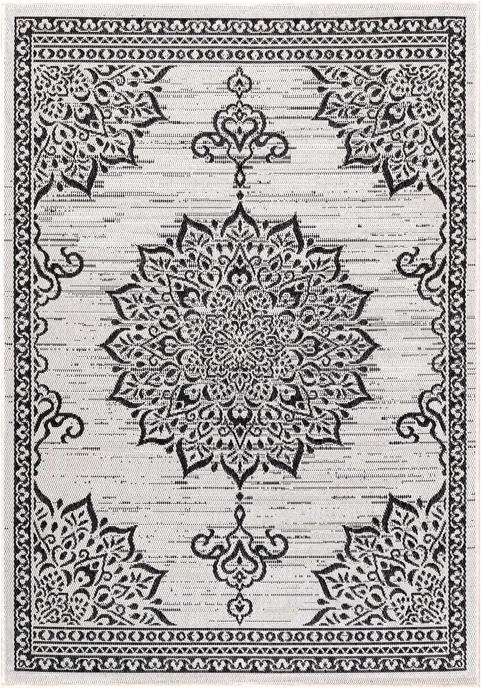 image:imageCAMILSON Indoor Outdoor Rug 5x7 Bordered Gray Modern Area Rugs for Indoor and Outdoor Patios Kitchen and Hallway Mats Washable Porch Deck Outside Carpet Bordered Grey 5 x 7Medallion White