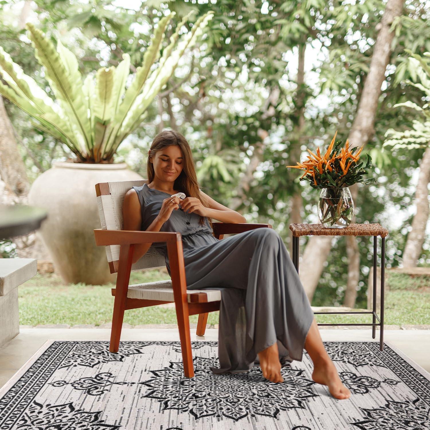 image:imageCAMILSON Indoor Outdoor Rug 5x7 Bordered Gray Modern Area Rugs for Indoor and Outdoor Patios Kitchen and Hallway Mats Washable Porch Deck Outside Carpet Bordered Grey 5 x 7Medallion White