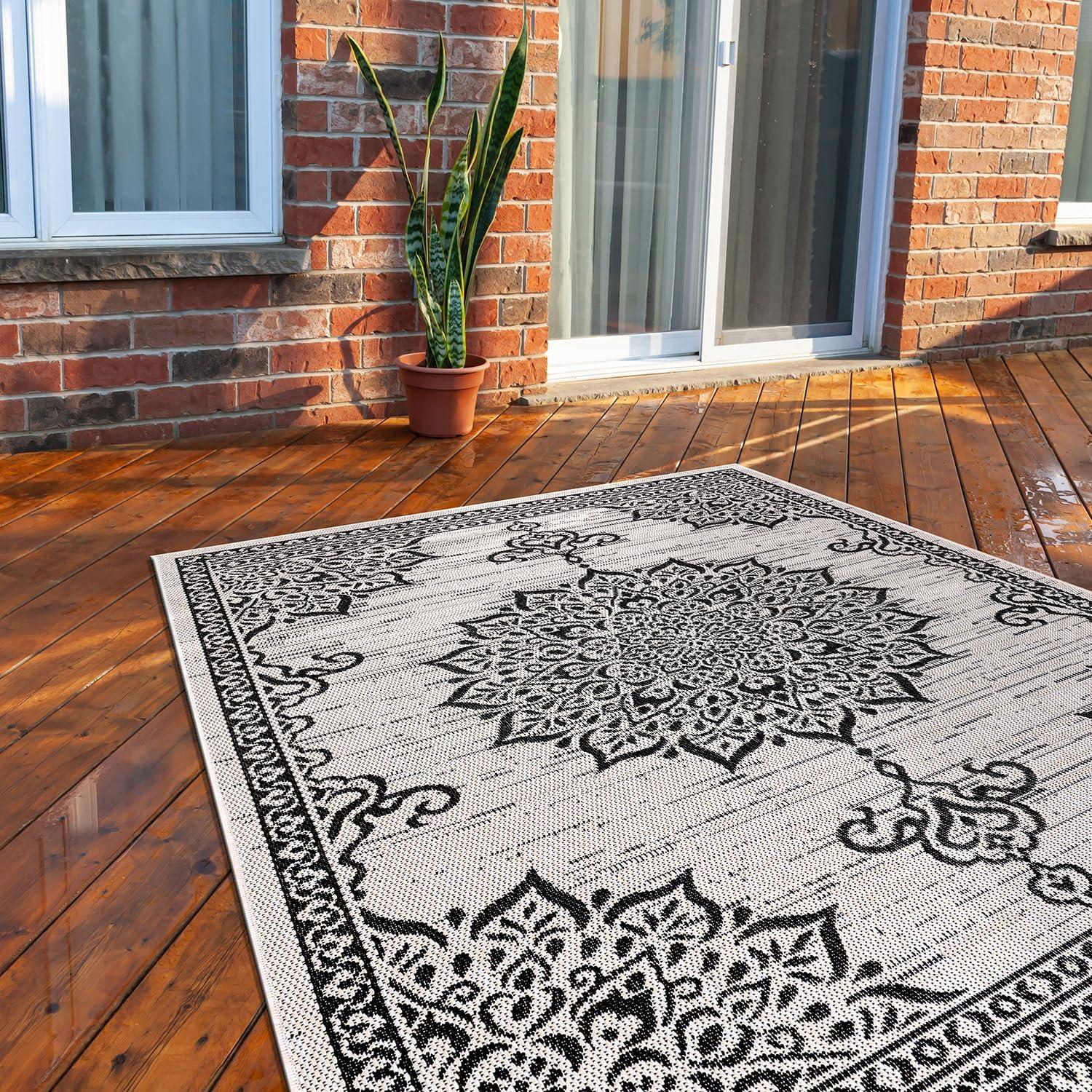image:imageCAMILSON Indoor Outdoor Rug 5x7 Bordered Gray Modern Area Rugs for Indoor and Outdoor Patios Kitchen and Hallway Mats Washable Porch Deck Outside Carpet Bordered Grey 5 x 7Medallion White