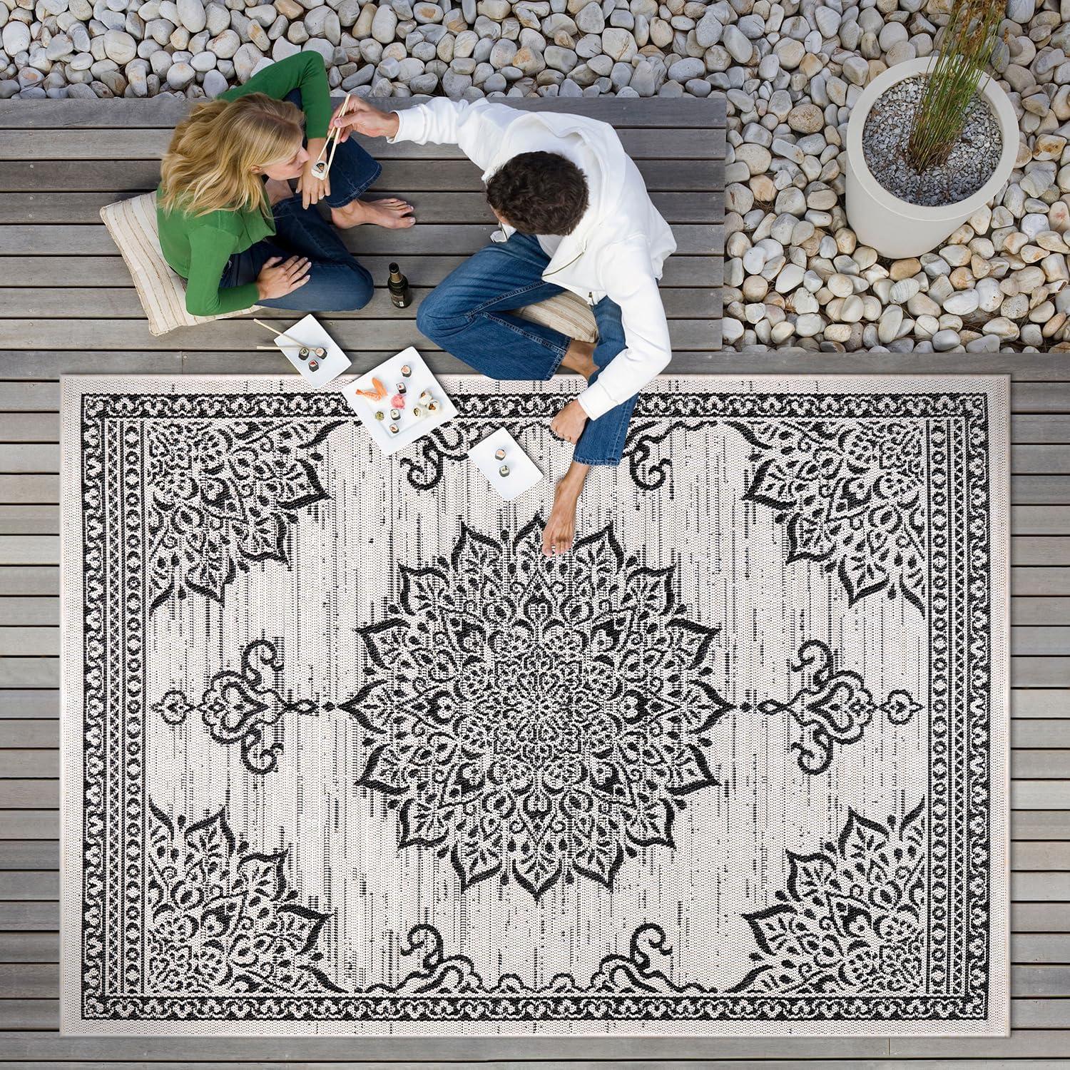 image:imageCAMILSON Indoor Outdoor Rug 5x7 Bordered Gray Modern Area Rugs for Indoor and Outdoor Patios Kitchen and Hallway Mats Washable Porch Deck Outside Carpet Bordered Grey 5 x 7Medallion White
