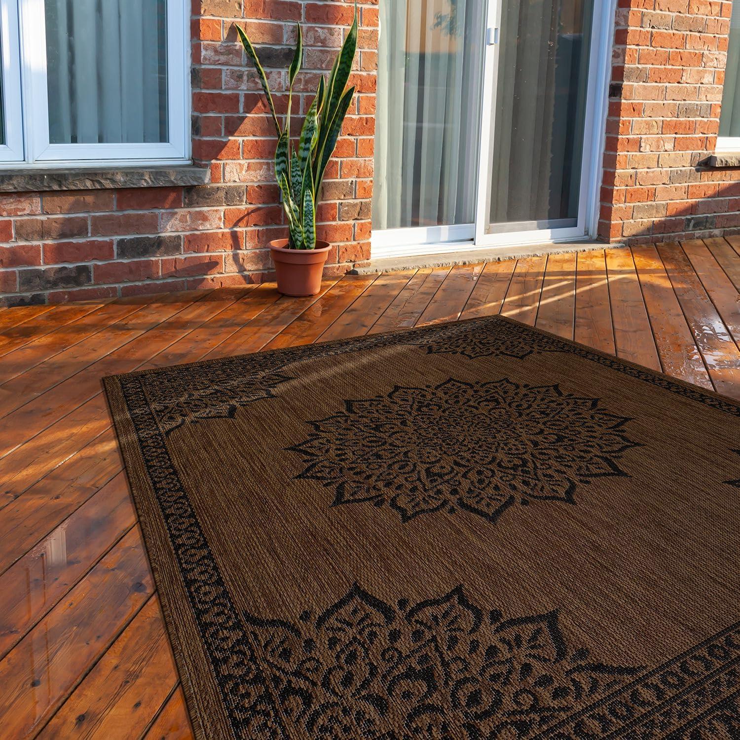 image:imageCAMILSON Indoor Outdoor Rug 5x7 Bordered Gray Modern Area Rugs for Indoor and Outdoor Patios Kitchen and Hallway Mats Washable Porch Deck Outside Carpet Bordered Grey 5 x 7Medallion Nut Brown