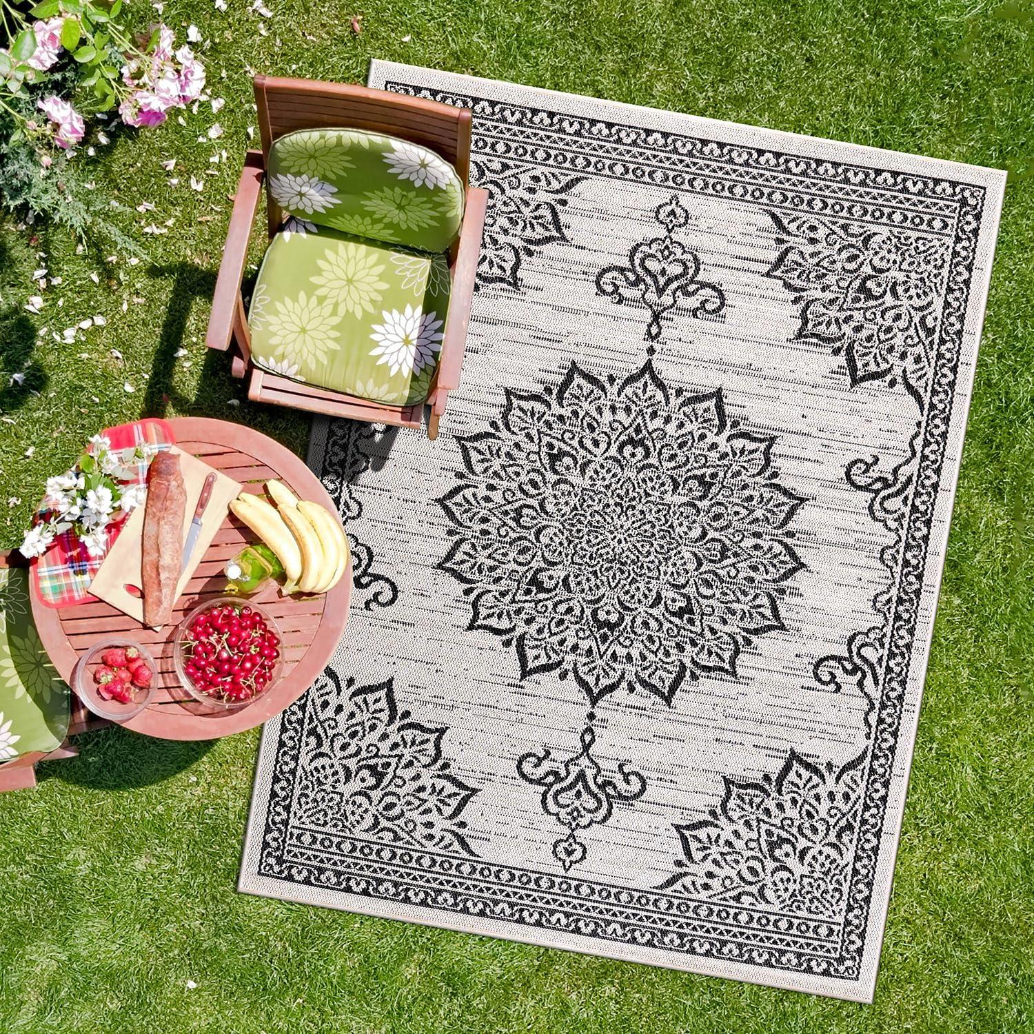 image:imageCAMILSON Indoor Outdoor Rug 5x7 Bordered Gray Modern Area Rugs for Indoor and Outdoor Patios Kitchen and Hallway Mats Washable Porch Deck Outside Carpet Bordered Grey 5 x 7Medallion White