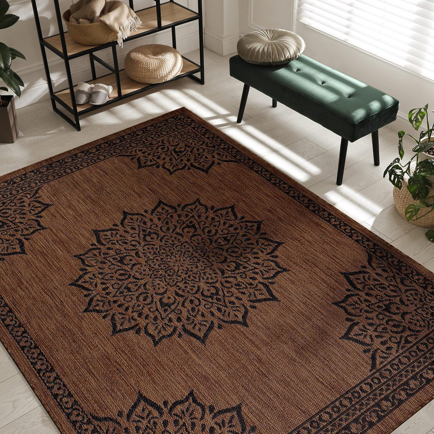 image:imageCAMILSON Indoor Outdoor Rug 5x7 Bordered Gray Modern Area Rugs for Indoor and Outdoor Patios Kitchen and Hallway Mats Washable Porch Deck Outside Carpet Bordered Grey 5 x 7Medallion Nut Brown
