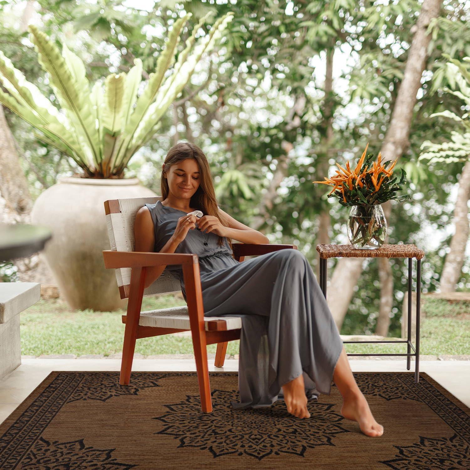 image:imageCAMILSON Indoor Outdoor Rug 5x7 Bordered Gray Modern Area Rugs for Indoor and Outdoor Patios Kitchen and Hallway Mats Washable Porch Deck Outside Carpet Bordered Grey 5 x 7Medallion Nut Brown