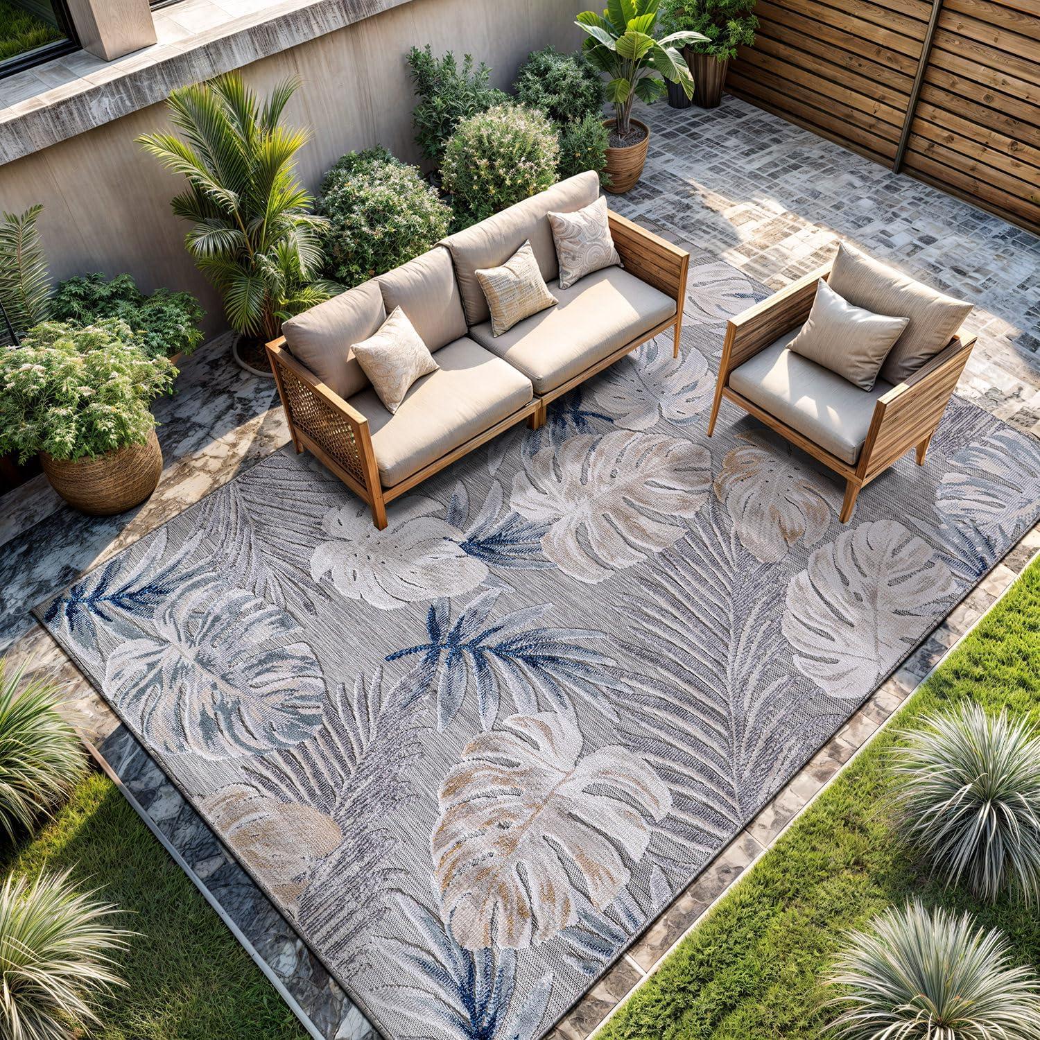 image:imageCAMILSON Indoor Outdoor Rug Navy 710x10 Leaf Tropical Botanical Area Rugs for Indoor and Outdoor patios EasyCleaning NonShedding Living Room Garden and Kitchen Washable Outside Carpet 8x103002 Blue