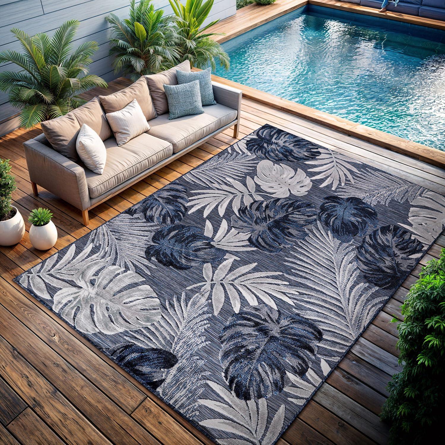 image:imageCAMILSON Indoor Outdoor Rug Navy 710x10 Leaf Tropical Botanical Area Rugs for Indoor and Outdoor patios EasyCleaning NonShedding Living Room Garden and Kitchen Washable Outside Carpet 8x103002 Navy