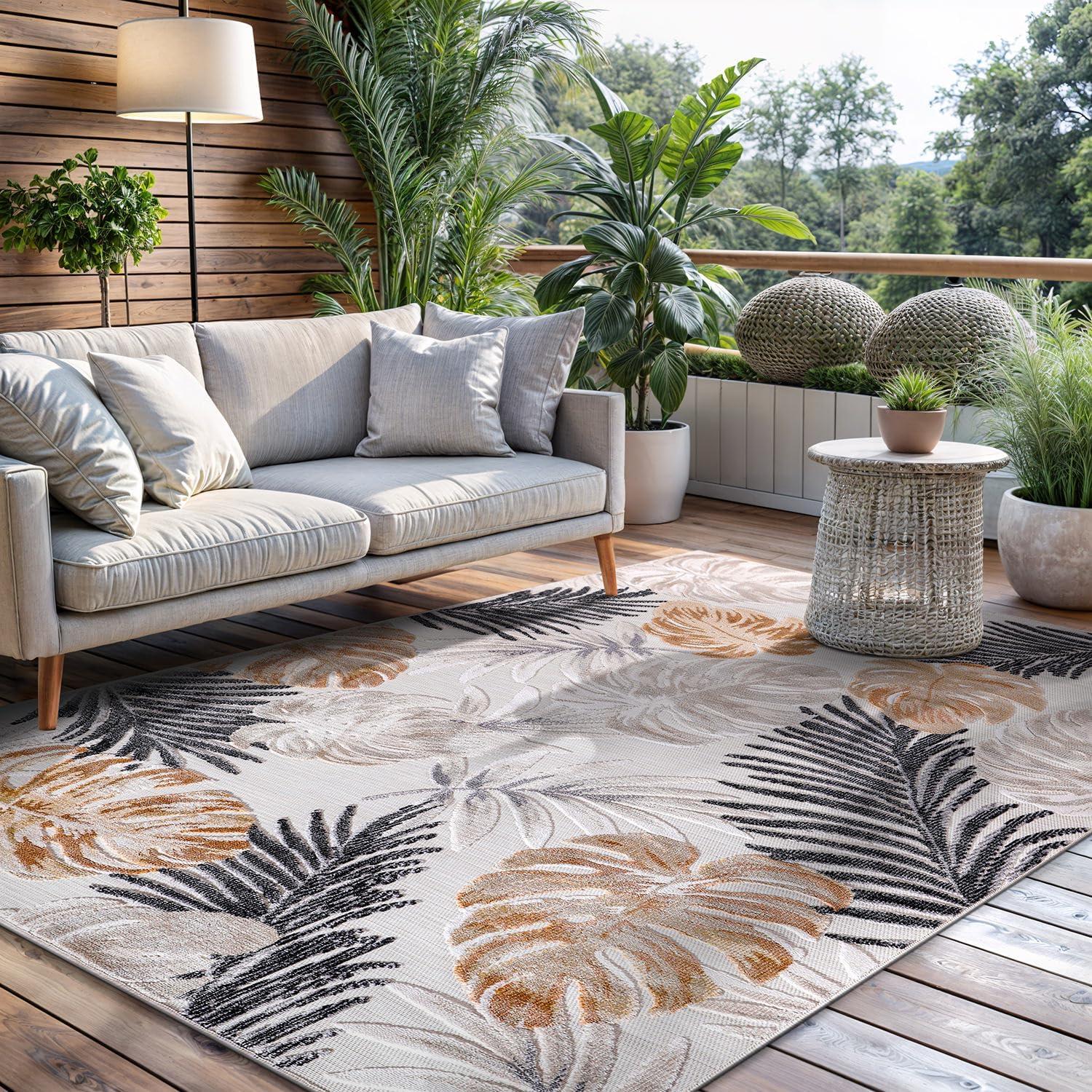 image:imageCAMILSON Indoor Outdoor Rug Navy 710x10 Leaf Tropical Botanical Area Rugs for Indoor and Outdoor patios EasyCleaning NonShedding Living Room Garden and Kitchen Washable Outside Carpet 8x103002 Yellow