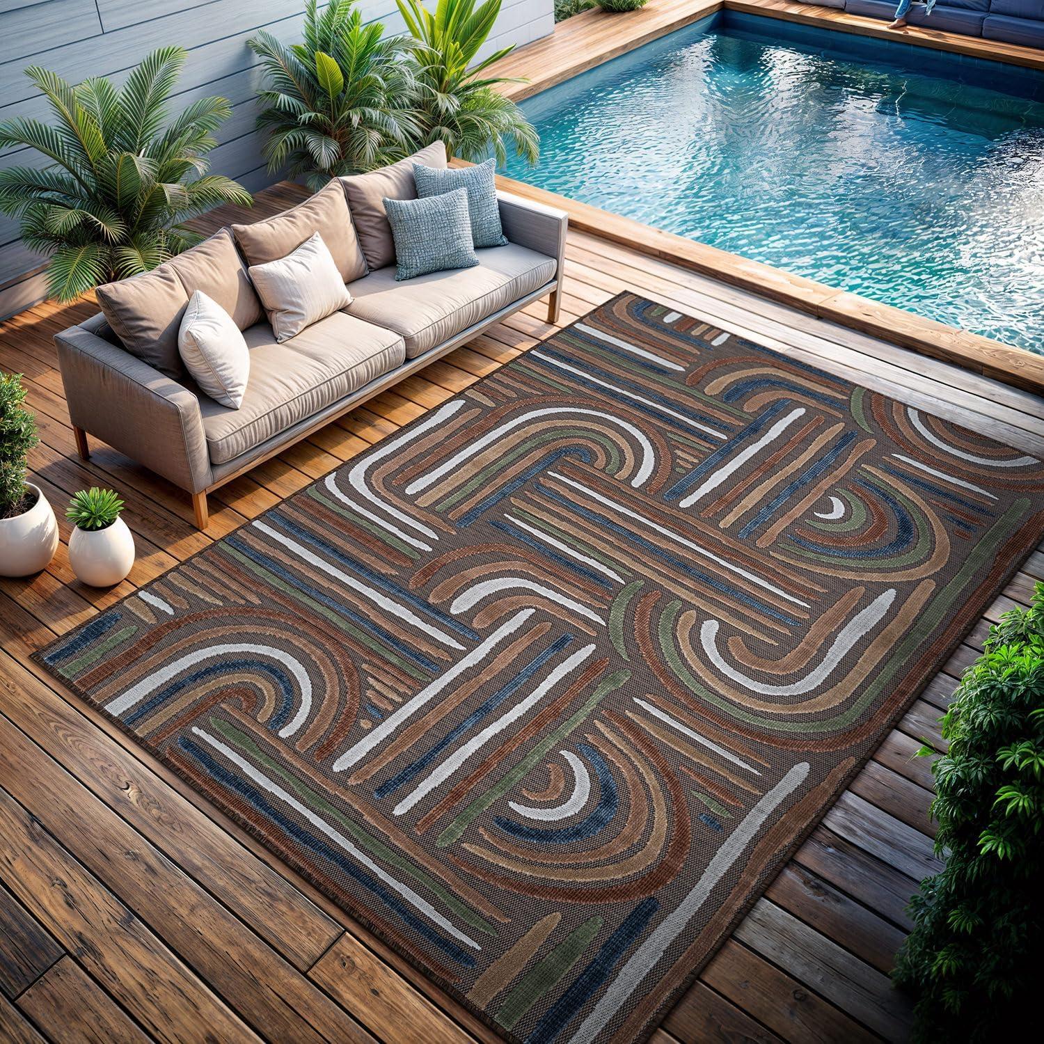 image:imageCAMILSON Indoor Outdoor Rug Navy 710x10 Leaf Tropical Botanical Area Rugs for Indoor and Outdoor patios EasyCleaning NonShedding Living Room Garden and Kitchen Washable Outside Carpet 8x103004 Brown
