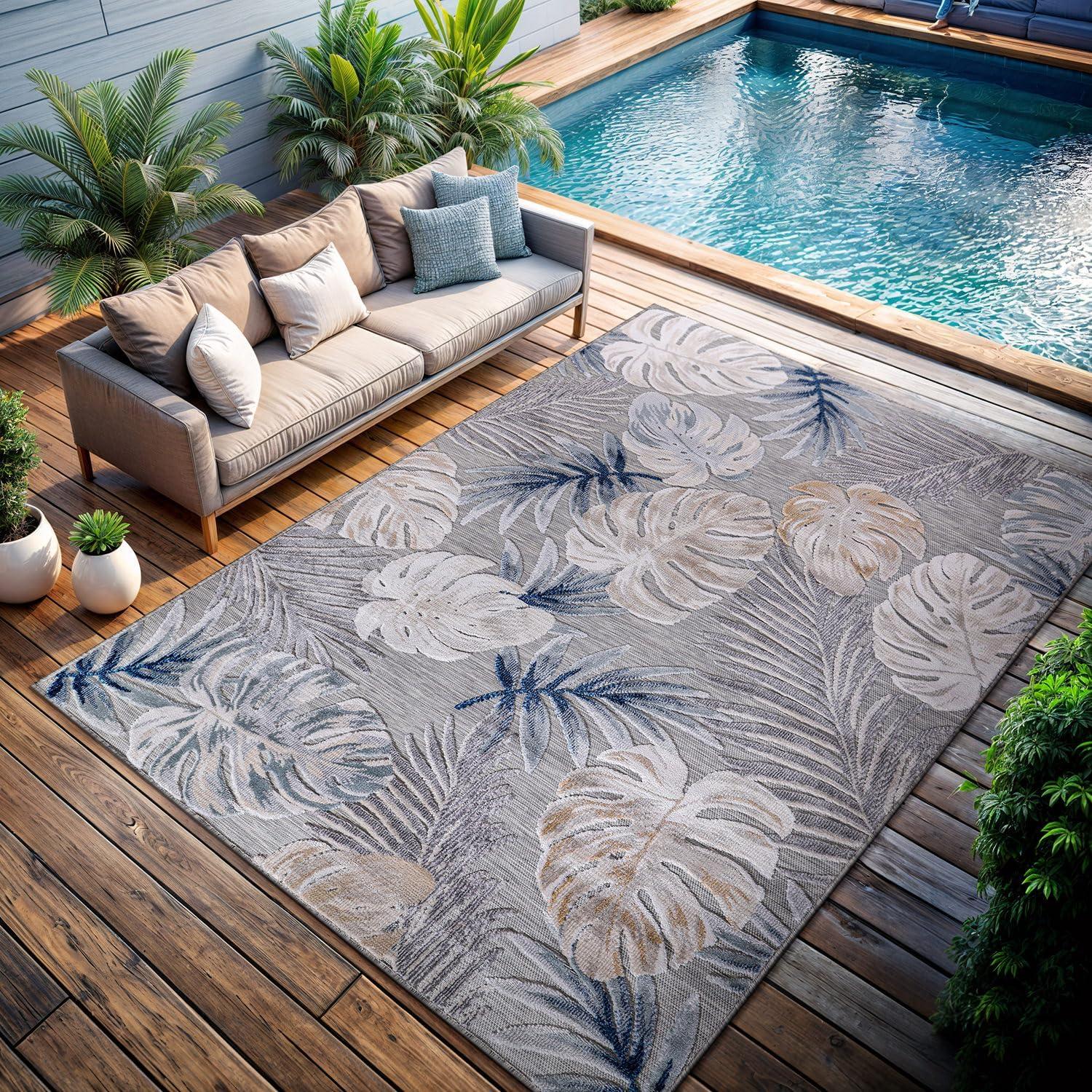 image:imageCAMILSON Indoor Outdoor Rug Navy 710x10 Leaf Tropical Botanical Area Rugs for Indoor and Outdoor patios EasyCleaning NonShedding Living Room Garden and Kitchen Washable Outside Carpet 8x103002 Blue