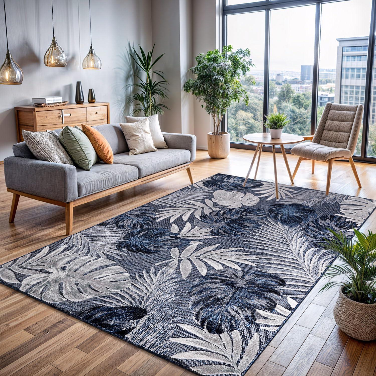 image:imageCAMILSON Indoor Outdoor Rug Navy 710x10 Leaf Tropical Botanical Area Rugs for Indoor and Outdoor patios EasyCleaning NonShedding Living Room Garden and Kitchen Washable Outside Carpet 8x103002 Navy