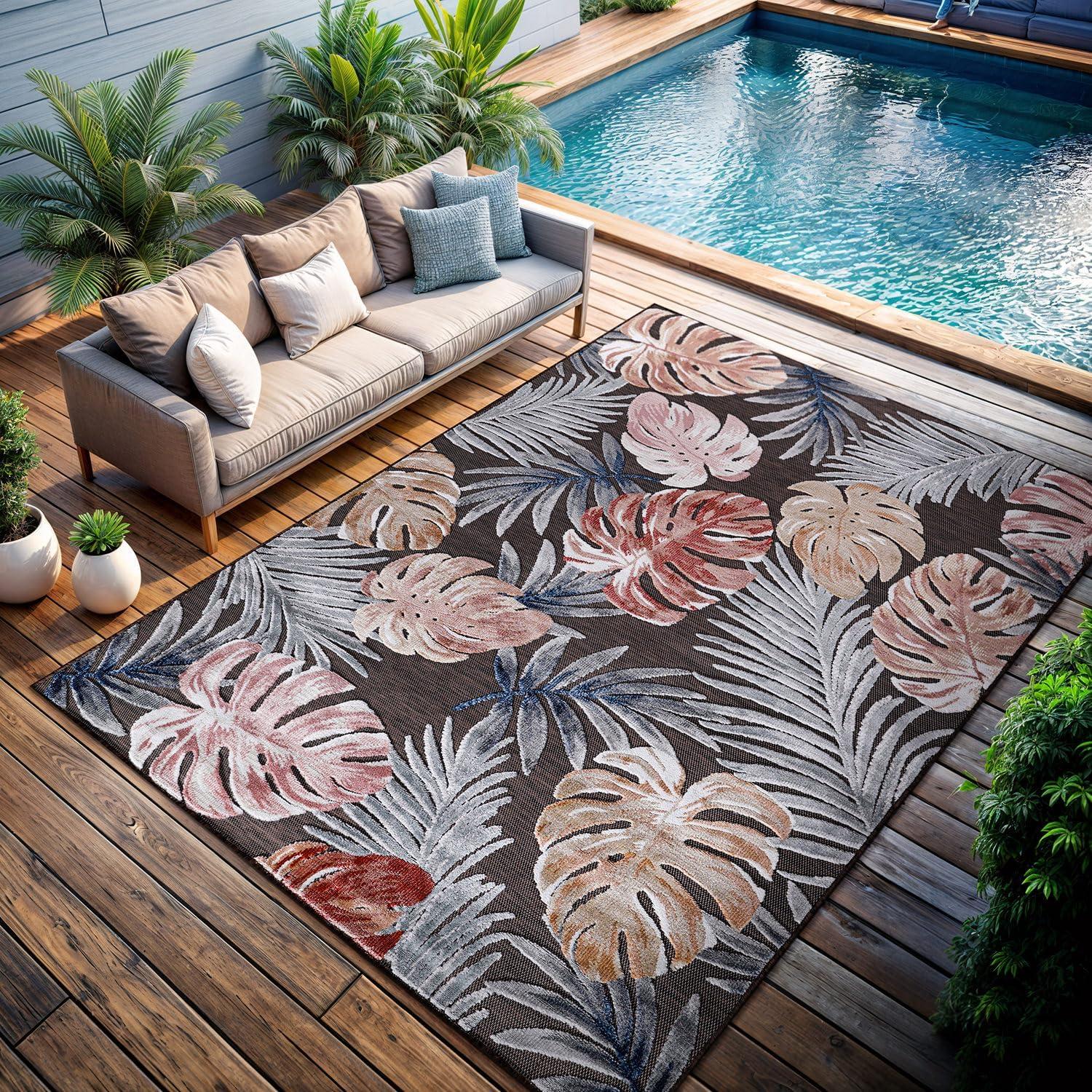 image:imageCAMILSON Indoor Outdoor Rug Navy 710x10 Leaf Tropical Botanical Area Rugs for Indoor and Outdoor patios EasyCleaning NonShedding Living Room Garden and Kitchen Washable Outside Carpet 8x103002 Brown