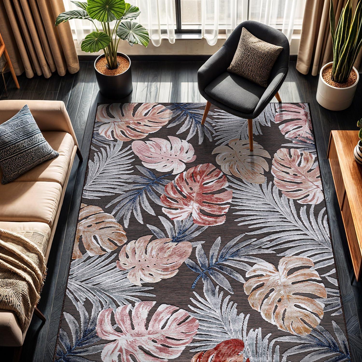 image:imageCAMILSON Indoor Outdoor Rug Navy 710x10 Leaf Tropical Botanical Area Rugs for Indoor and Outdoor patios EasyCleaning NonShedding Living Room Garden and Kitchen Washable Outside Carpet 8x103002 Brown