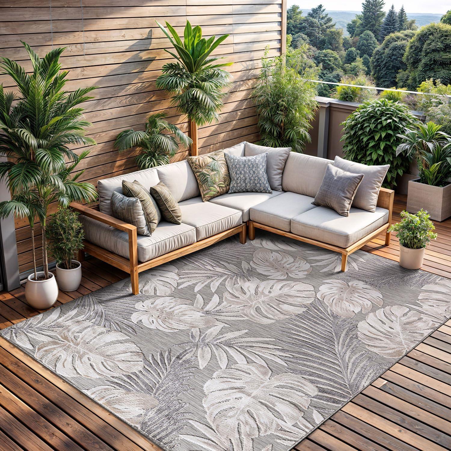 image:imageCAMILSON Indoor Outdoor Rug Navy 710x10 Leaf Tropical Botanical Area Rugs for Indoor and Outdoor patios EasyCleaning NonShedding Living Room Garden and Kitchen Washable Outside Carpet 8x103002 Beige