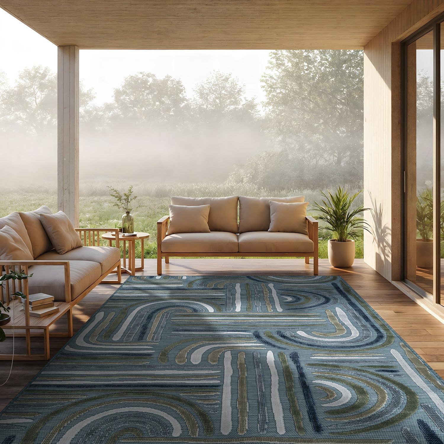 image:imageCAMILSON Indoor Outdoor Rug Navy 710x10 Leaf Tropical Botanical Area Rugs for Indoor and Outdoor patios EasyCleaning NonShedding Living Room Garden and Kitchen Washable Outside Carpet 8x103004 Aqua