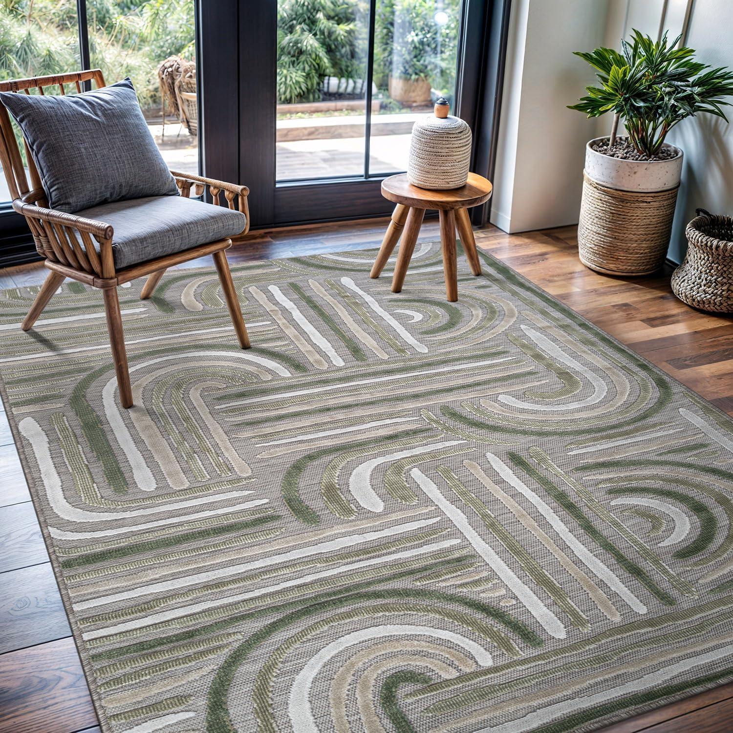 image:imageCAMILSON Indoor Outdoor Rug Navy 710x10 Leaf Tropical Botanical Area Rugs for Indoor and Outdoor patios EasyCleaning NonShedding Living Room Garden and Kitchen Washable Outside Carpet 8x103004 Beige