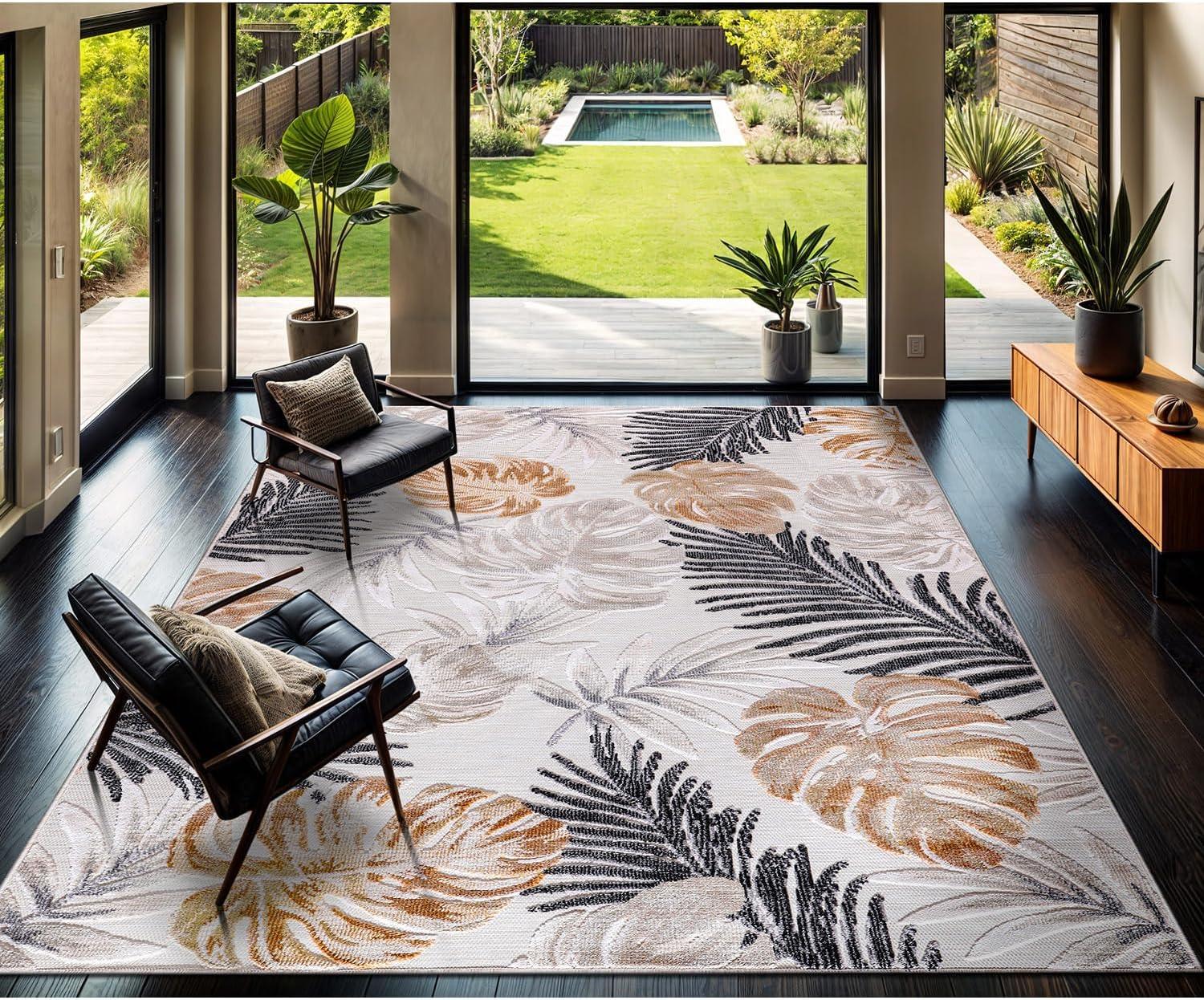 image:imageCAMILSON Indoor Outdoor Rug Navy 710x10 Leaf Tropical Botanical Area Rugs for Indoor and Outdoor patios EasyCleaning NonShedding Living Room Garden and Kitchen Washable Outside Carpet 8x103002 Yellow