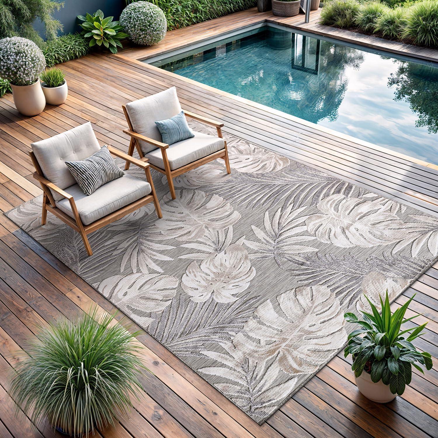 image:imageCAMILSON Indoor Outdoor Rug Navy 710x10 Leaf Tropical Botanical Area Rugs for Indoor and Outdoor patios EasyCleaning NonShedding Living Room Garden and Kitchen Washable Outside Carpet 8x103002 Beige
