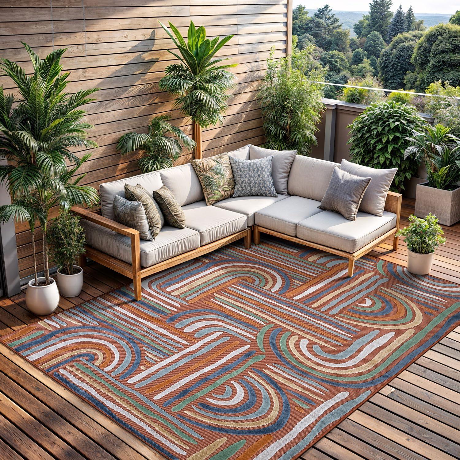 image:imageCAMILSON Indoor Outdoor Rug Navy 710x10 Leaf Tropical Botanical Area Rugs for Indoor and Outdoor patios EasyCleaning NonShedding Living Room Garden and Kitchen Washable Outside Carpet 8x103004 Orange
