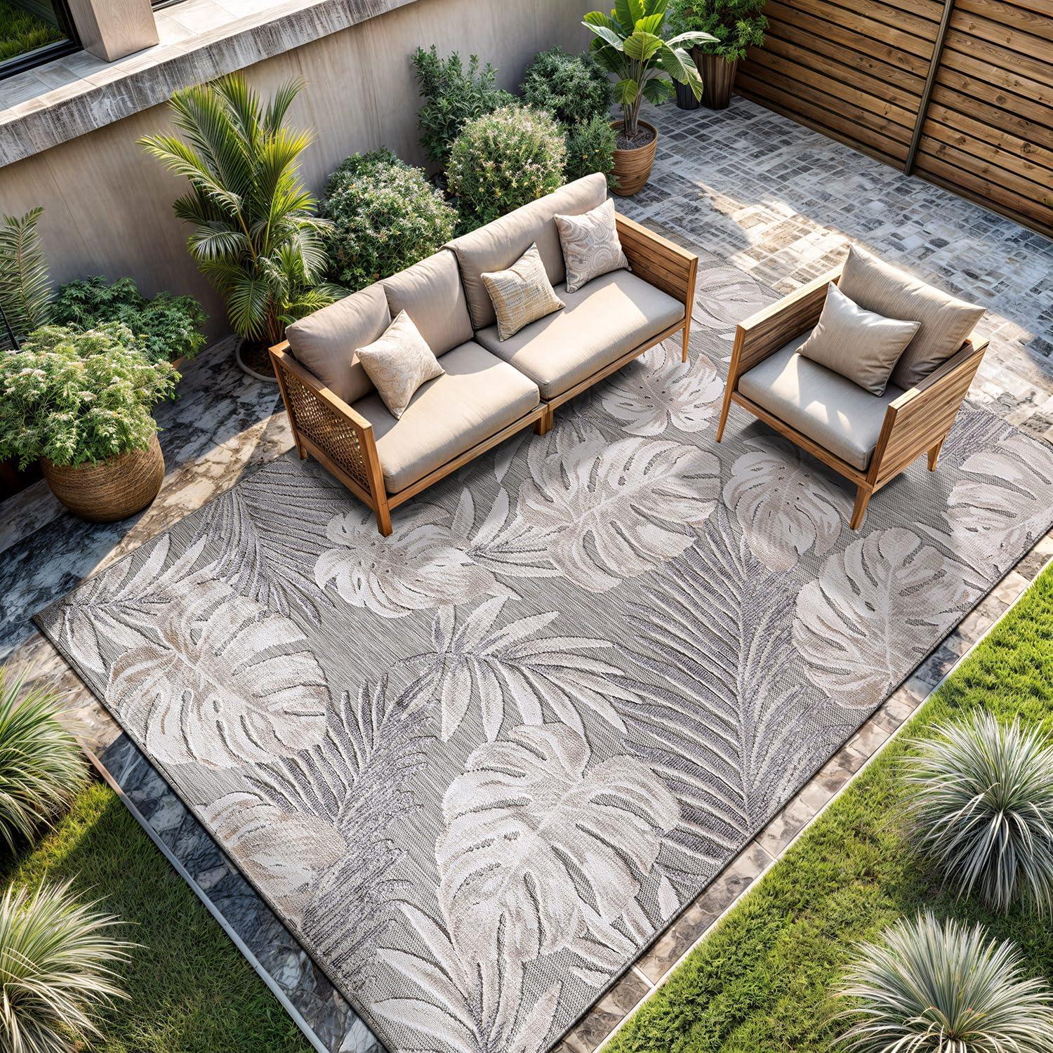 image:imageCAMILSON Indoor Outdoor Rug Navy 710x10 Leaf Tropical Botanical Area Rugs for Indoor and Outdoor patios EasyCleaning NonShedding Living Room Garden and Kitchen Washable Outside Carpet 8x103002 Beige
