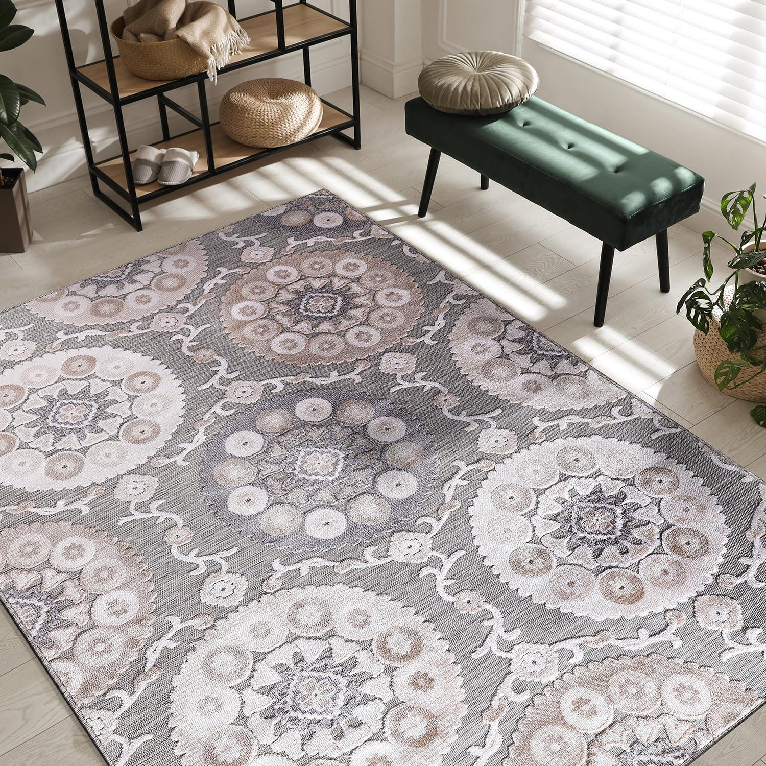 image:imageCAMILSON Indoor Outdoor Rug Navy 710x10 Leaf Tropical Botanical Area Rugs for Indoor and Outdoor patios EasyCleaning NonShedding Living Room Garden and Kitchen Washable Outside Carpet 8x103003 Beige