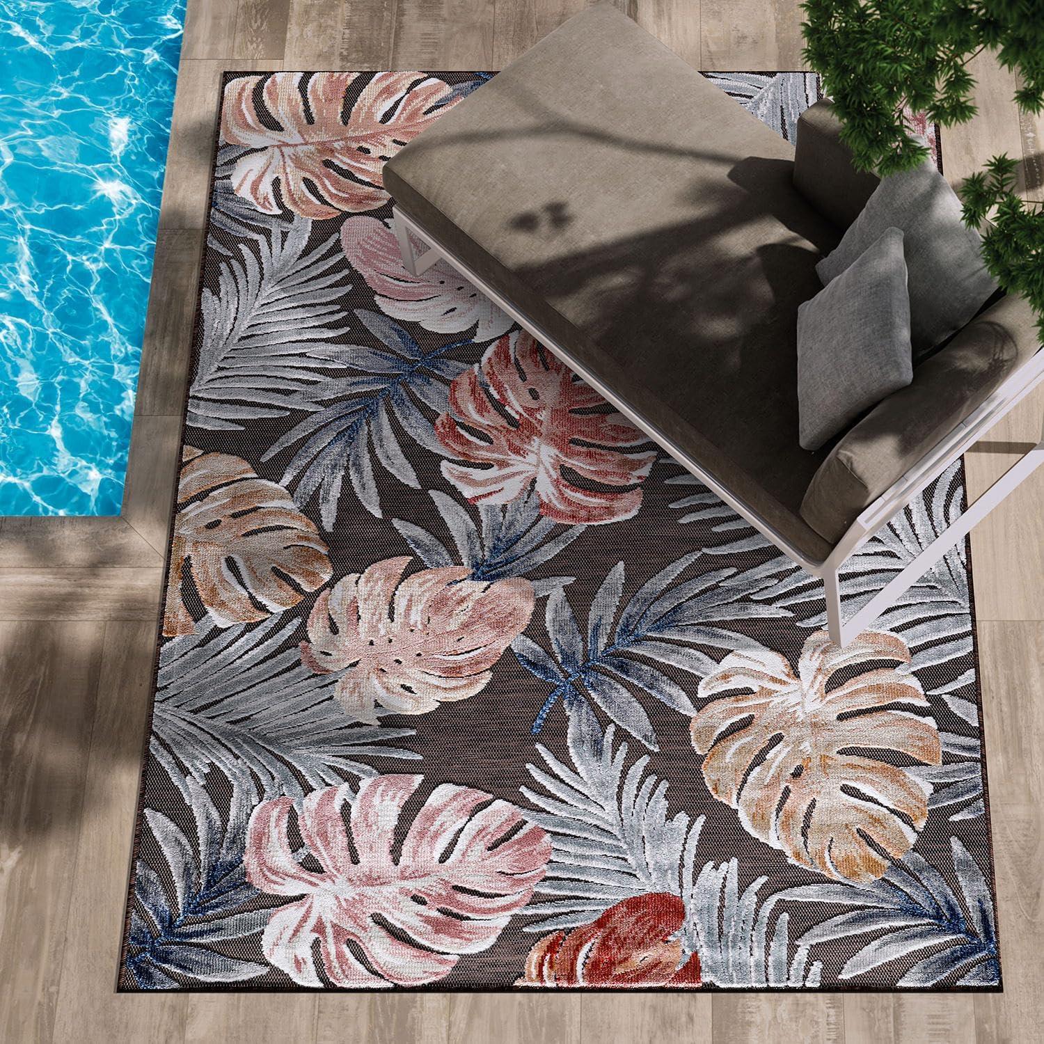 image:imageCAMILSON Indoor Outdoor Rug Navy 710x10 Leaf Tropical Botanical Area Rugs for Indoor and Outdoor patios EasyCleaning NonShedding Living Room Garden and Kitchen Washable Outside Carpet 8x103002 Brown