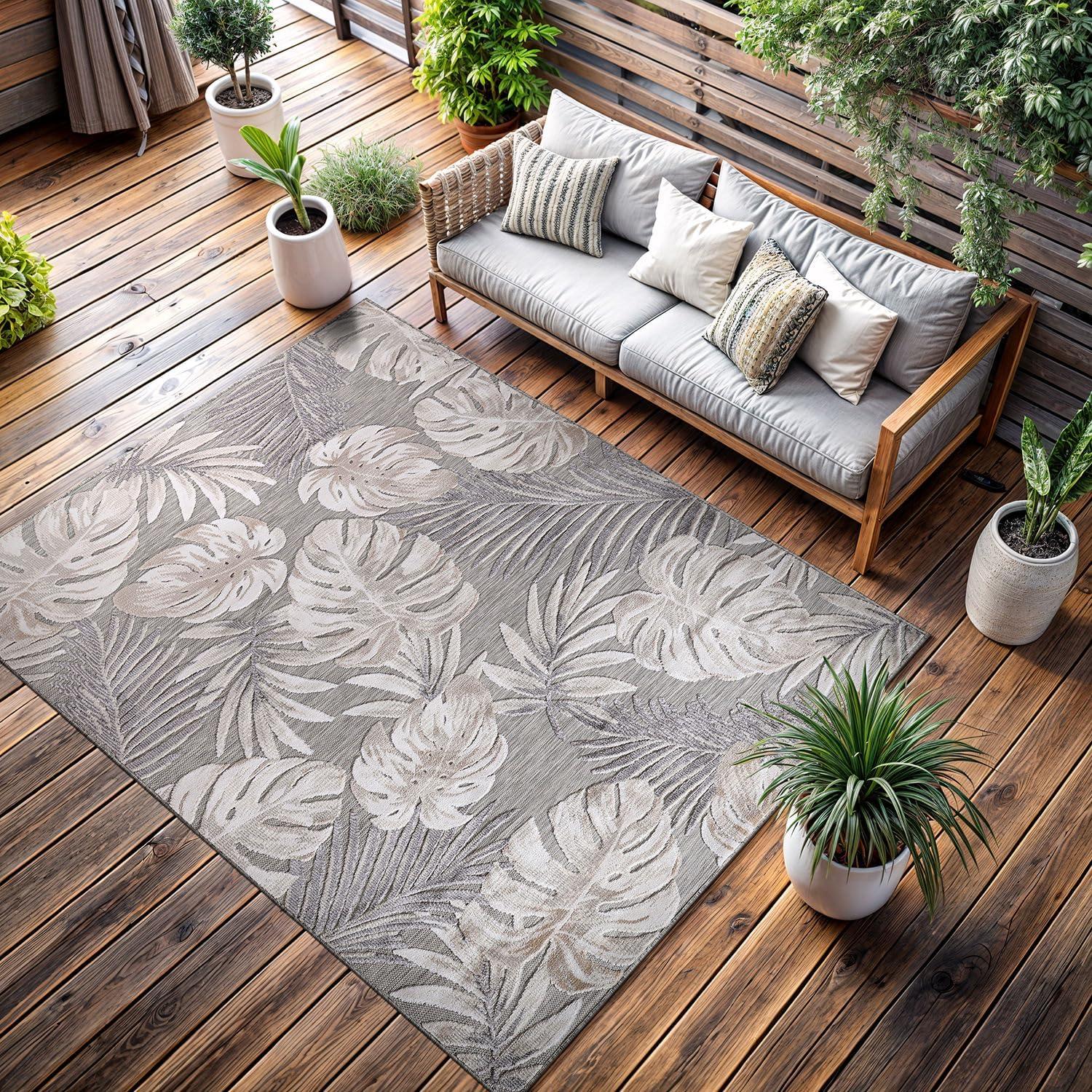 image:imageCAMILSON Indoor Outdoor Rug Navy 710x10 Leaf Tropical Botanical Area Rugs for Indoor and Outdoor patios EasyCleaning NonShedding Living Room Garden and Kitchen Washable Outside Carpet 8x103002 Beige