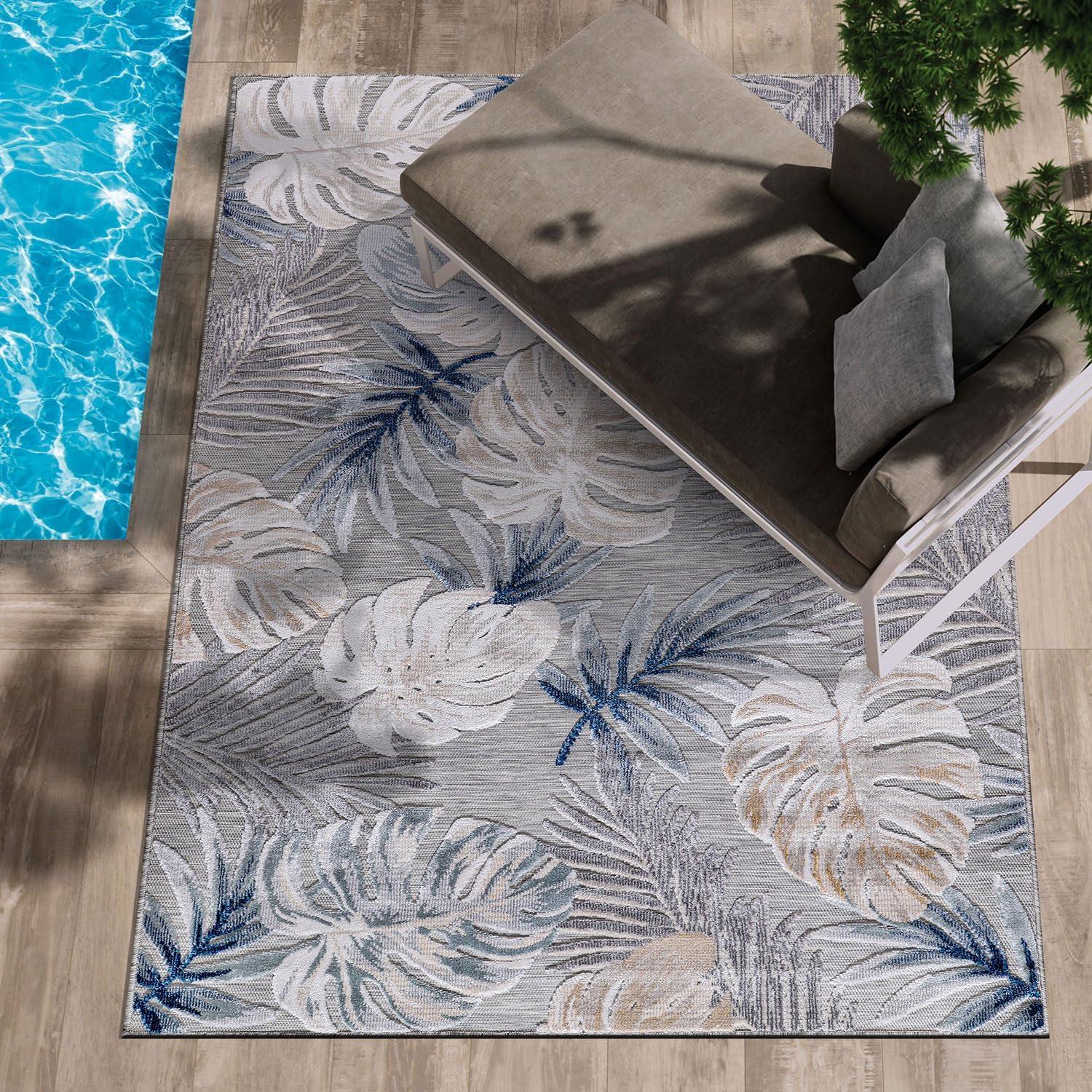 image:imageCAMILSON Indoor Outdoor Rug Navy 710x10 Leaf Tropical Botanical Area Rugs for Indoor and Outdoor patios EasyCleaning NonShedding Living Room Garden and Kitchen Washable Outside Carpet 8x103002 Blue