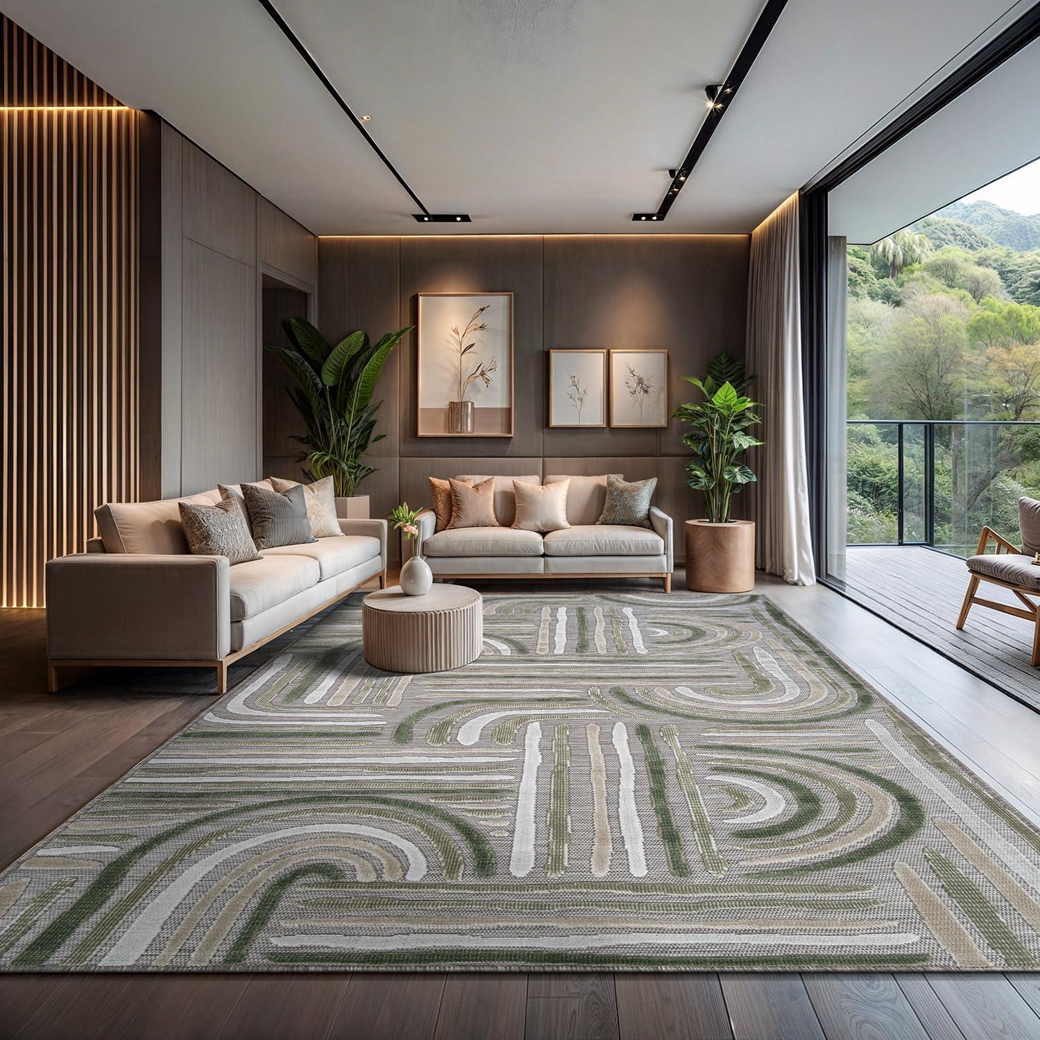 image:imageCAMILSON Indoor Outdoor Rug Navy 710x10 Leaf Tropical Botanical Area Rugs for Indoor and Outdoor patios EasyCleaning NonShedding Living Room Garden and Kitchen Washable Outside Carpet 8x103004 Beige