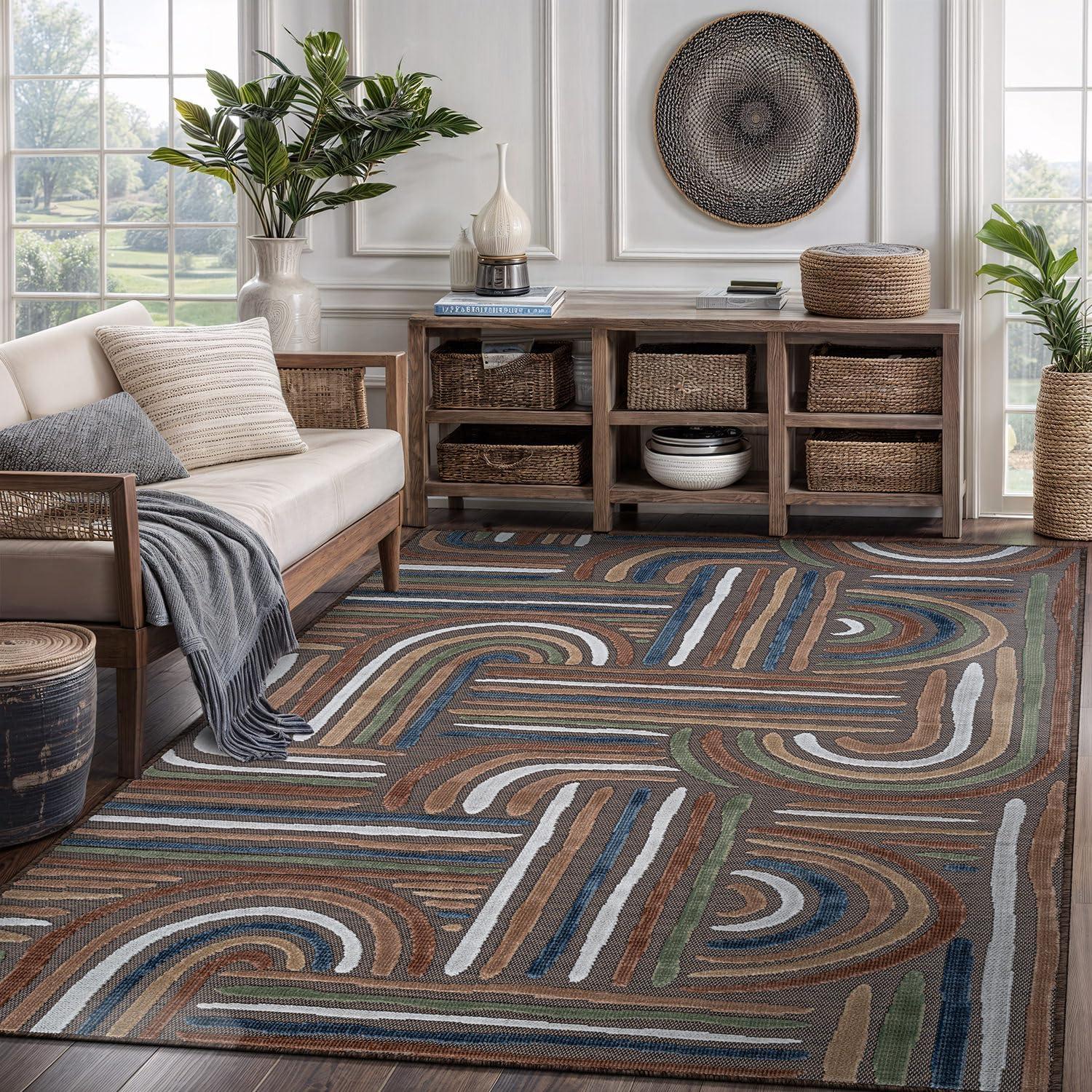 image:imageCAMILSON Indoor Outdoor Rug Navy 710x10 Leaf Tropical Botanical Area Rugs for Indoor and Outdoor patios EasyCleaning NonShedding Living Room Garden and Kitchen Washable Outside Carpet 8x103004 Brown
