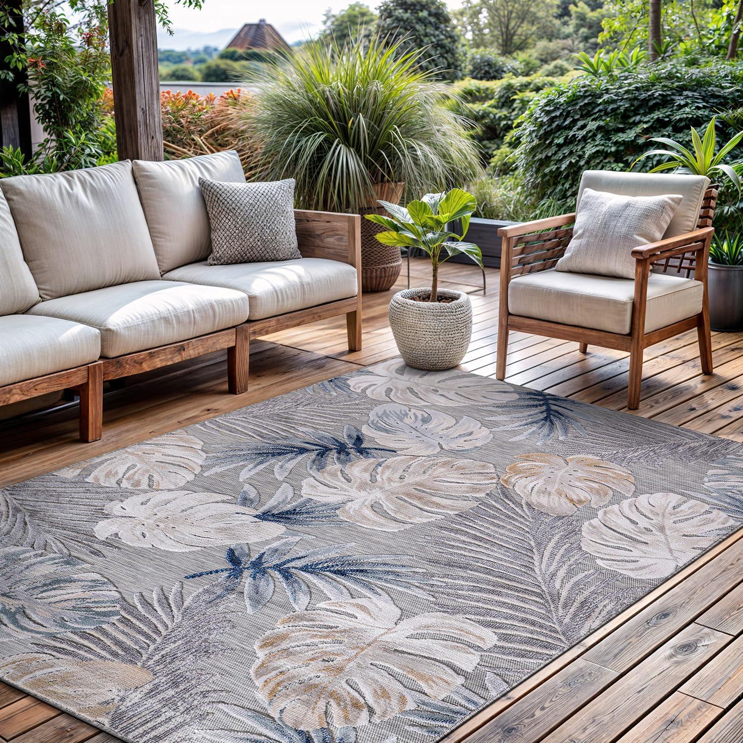 image:imageCAMILSON Indoor Outdoor Rug Navy 710x10 Leaf Tropical Botanical Area Rugs for Indoor and Outdoor patios EasyCleaning NonShedding Living Room Garden and Kitchen Washable Outside Carpet 8x103002 Blue