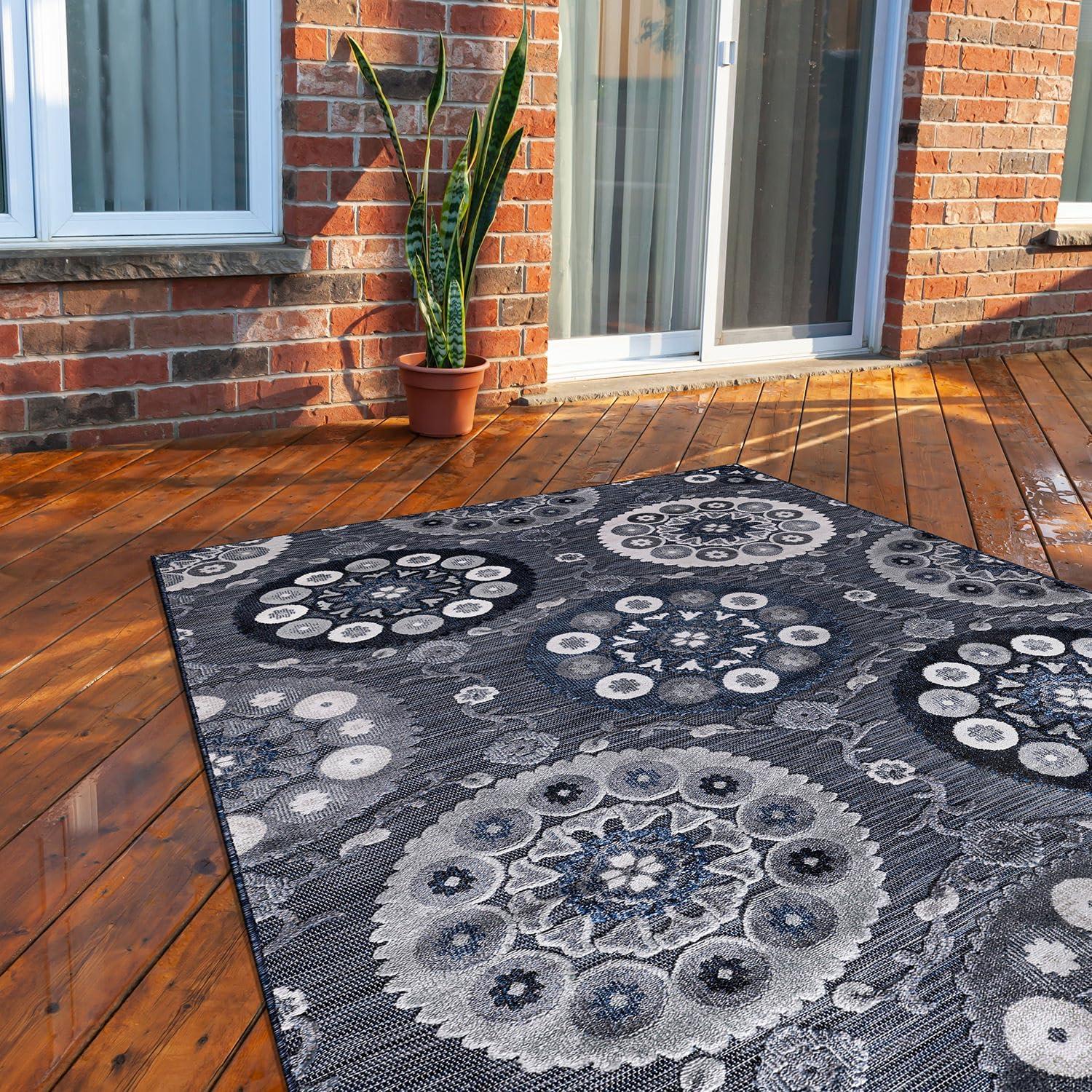 image:imageCAMILSON Indoor Outdoor Rug Navy 710x10 Leaf Tropical Botanical Area Rugs for Indoor and Outdoor patios EasyCleaning NonShedding Living Room Garden and Kitchen Washable Outside Carpet 8x103003 Navy