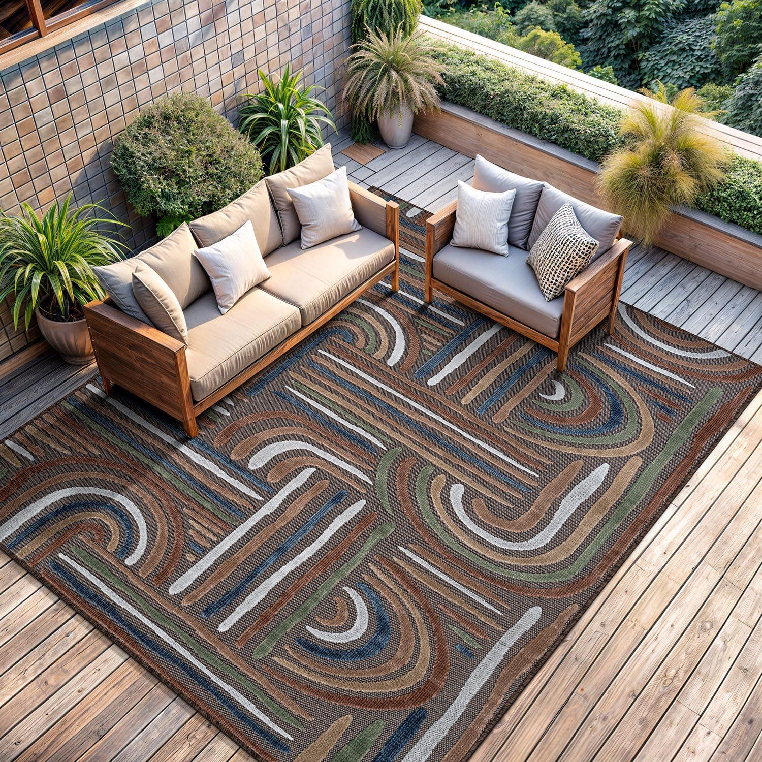 image:imageCAMILSON Indoor Outdoor Rug Navy 710x10 Leaf Tropical Botanical Area Rugs for Indoor and Outdoor patios EasyCleaning NonShedding Living Room Garden and Kitchen Washable Outside Carpet 8x103004 Brown