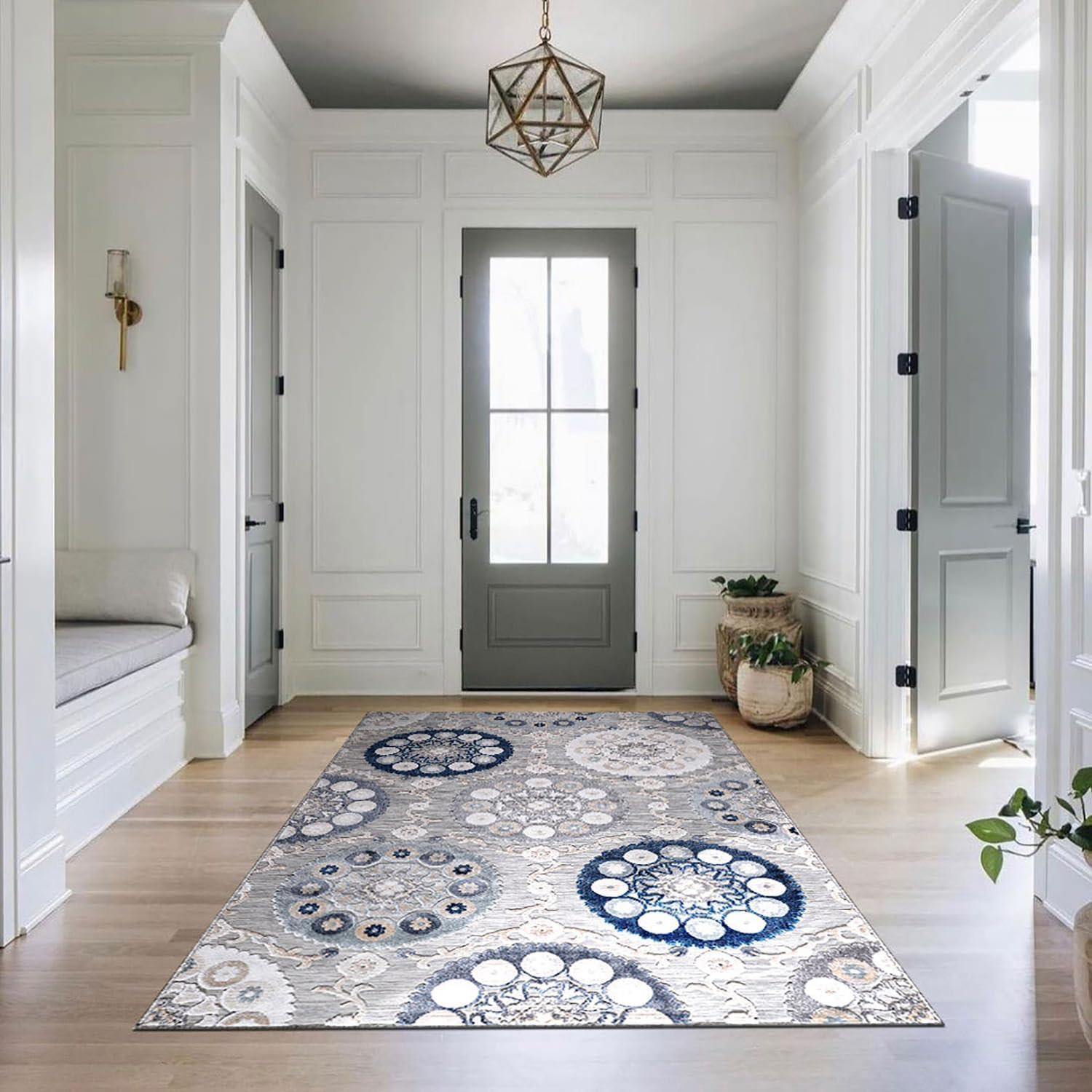 image:imageCAMILSON Indoor Outdoor Rug Navy 710x10 Leaf Tropical Botanical Area Rugs for Indoor and Outdoor patios EasyCleaning NonShedding Living Room Garden and Kitchen Washable Outside Carpet 8x103003 Blue